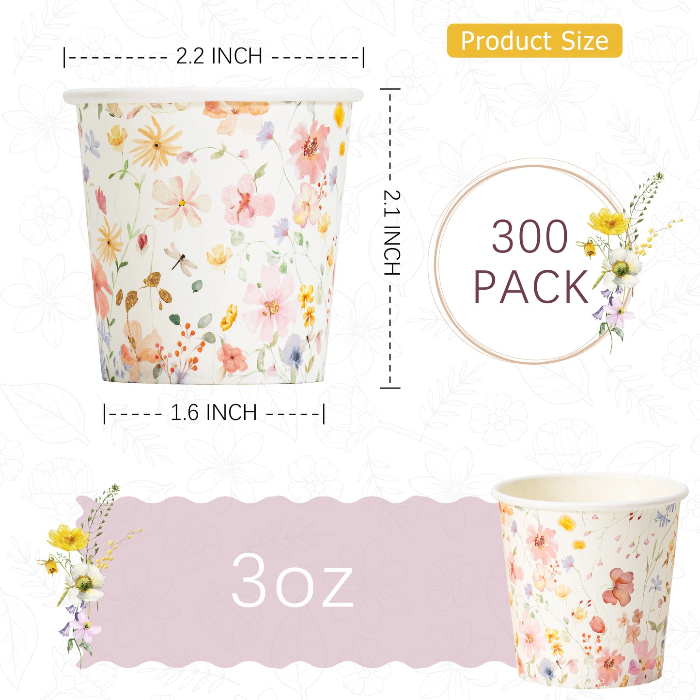 Crisky 300 Pack Paper Bathroom Cups 3oz Disposable Elegant Design Full Floral Small Mouthwash Hot/Cold Beverage Coffee Dessert for Birthday Parties Home-use Picnics Ceremonies