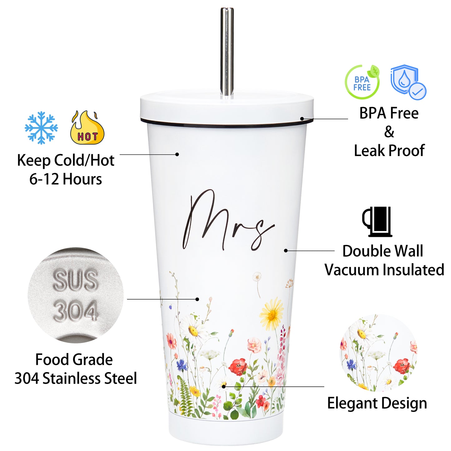 Crisky Wildflower Mrs Gifs Bride Cup for Wedding Engagement Bridal Shower Stainless Insulated Tumbler with Lid & Box 26 OZ
