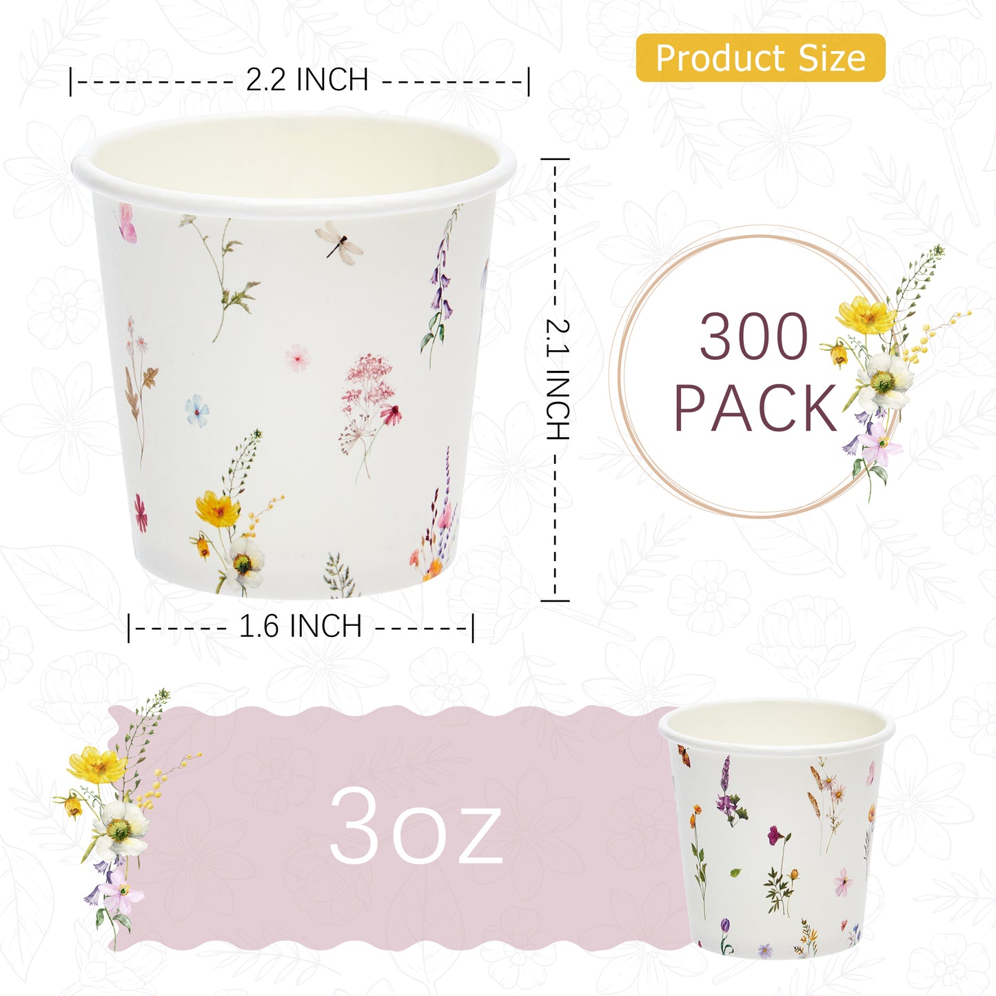Crisky 300 Pack Paper Bathroom Cups 3oz Disposable, Elegant Design Floral Small Mouthwash, Hot/Cold Beverage Coffee, Dessert Available for Birthday Parties, Home-use, Picnics, Ceremonies Any Events