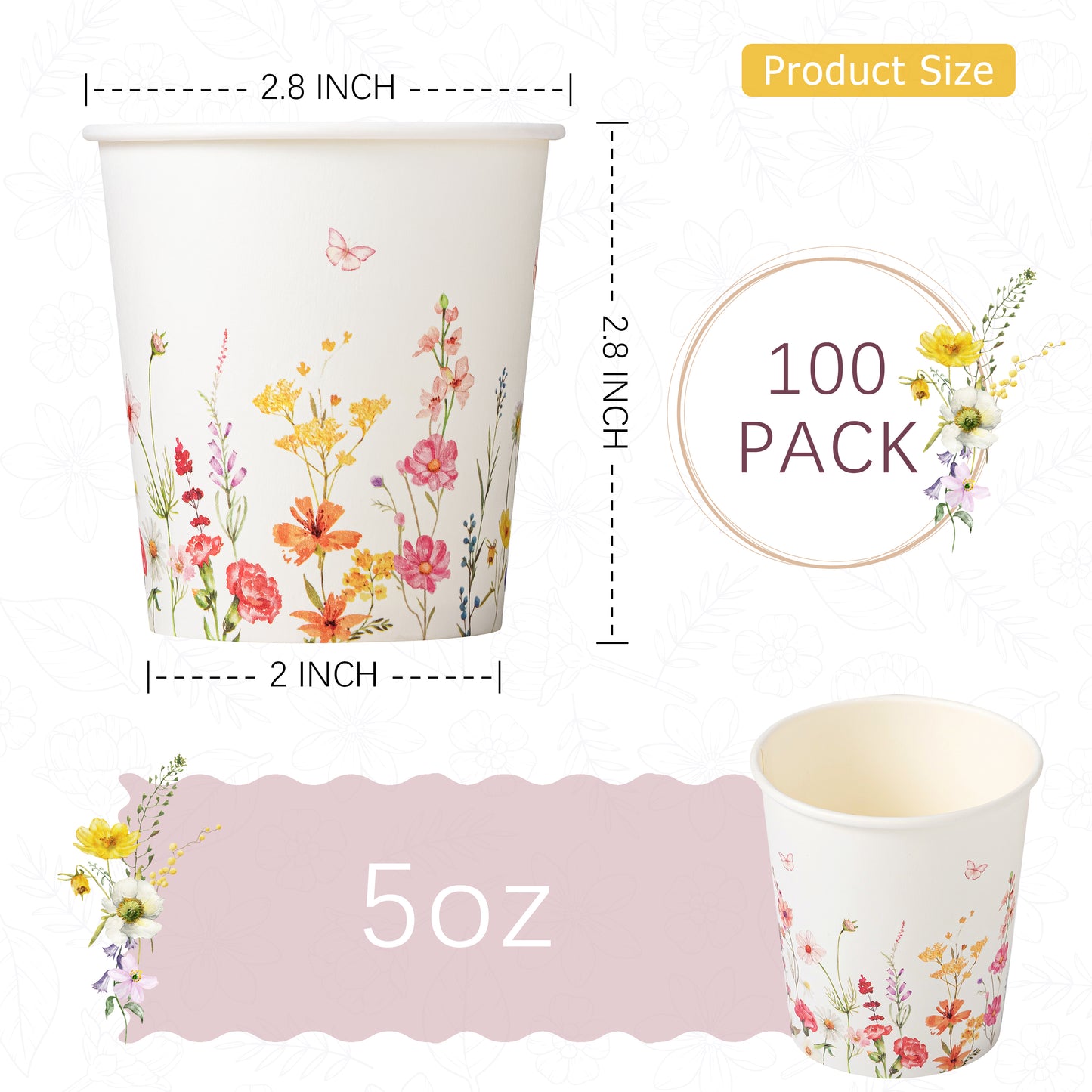 Crisky 100 Pack Paper Bathroom Cups 5oz Disposable, Elegant Design Floral Small Mouthwash Cup, Suit Hot/Cold Beverage Coffee, Dessert for Birthday Parties, Home-use, Picnics, Ceremonies