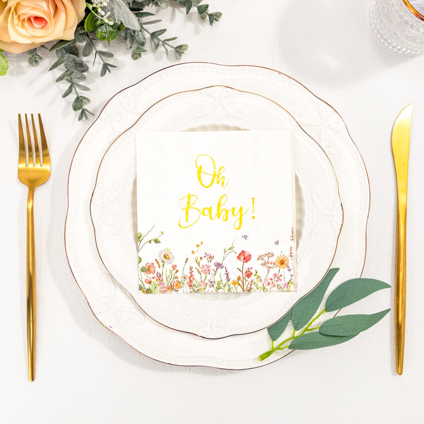 Crisky Baby Shower Napkins Floral Gold Foil Oh Baby Paper Disposable Napkins for Baby Shower Party Decoration, 3-Ply, 50 Counts