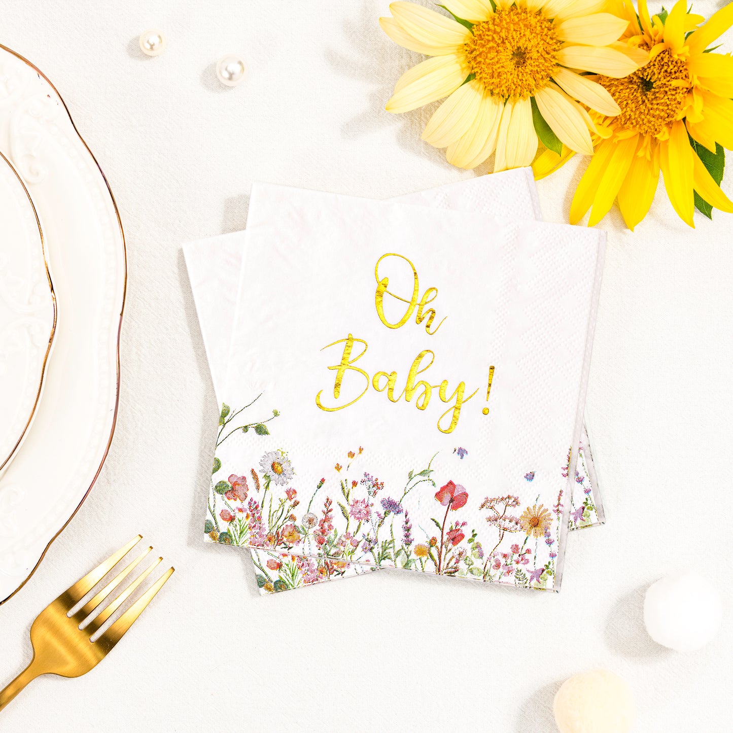Crisky Baby Shower Napkins Floral Gold Foil Oh Baby Paper Disposable Napkins for Baby Shower Party Decoration, 3-Ply, 50 Counts