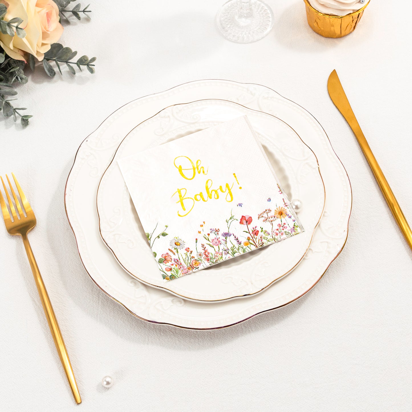 Crisky Baby Shower Napkins Floral Gold Foil Oh Baby Paper Disposable Napkins for Baby Shower Party Decoration, 3-Ply, 50 Counts