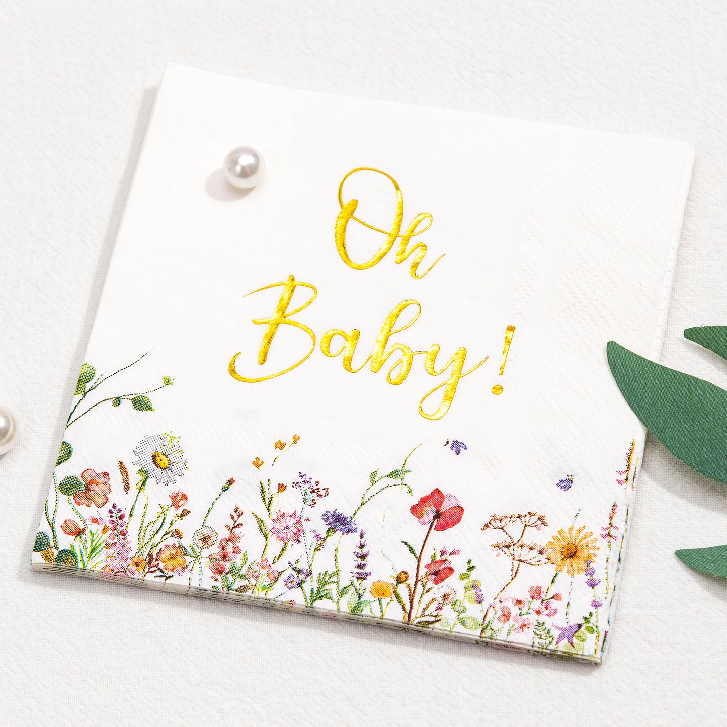 Crisky Baby Shower Napkins Floral Gold Foil Oh Baby Paper Disposable Napkins for Baby Shower Party Decoration, 3-Ply, 50 Counts