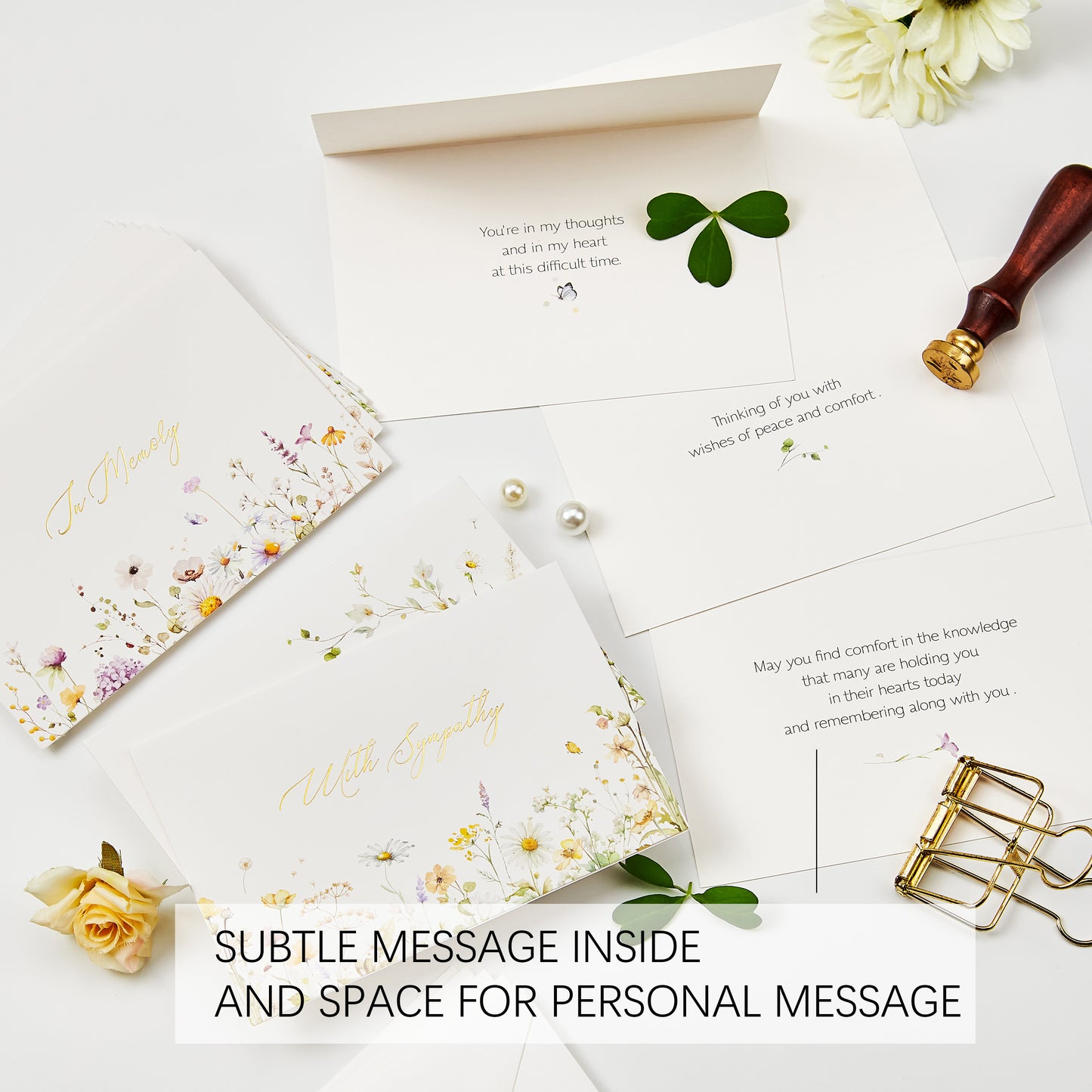 Crisky 4 Pack Watercolor WildFlower Sympathy Cards with Envelopes Sealed 4 Assortment Condolence/Bereavement Cards