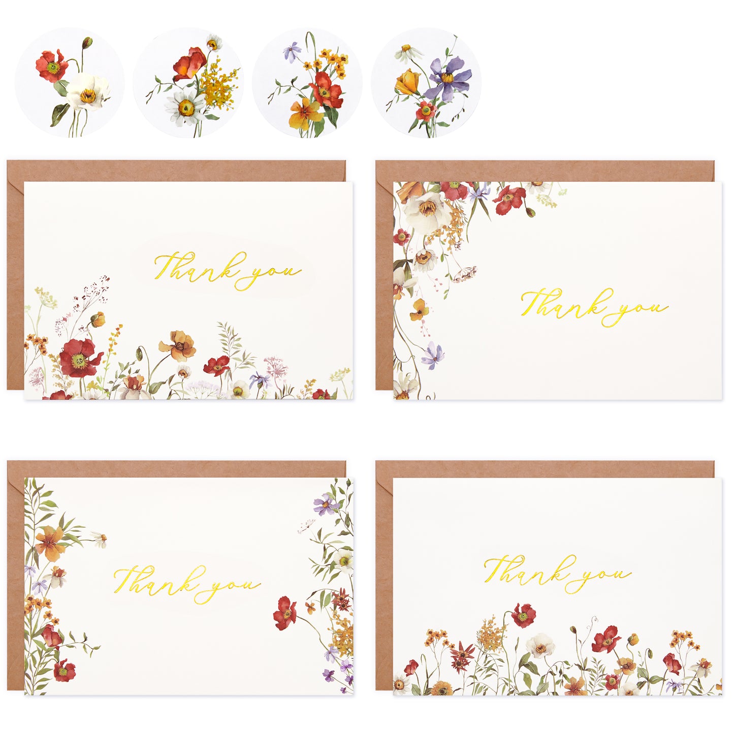 Crisky 50 Pack Thank You Cards with Envelopes, 4 Assortment Floral Watercolor, Perfect for Birthday, Baby Shower, Bridal Shower, Wedding, Graduation, and Other Occasion 4x6 inch