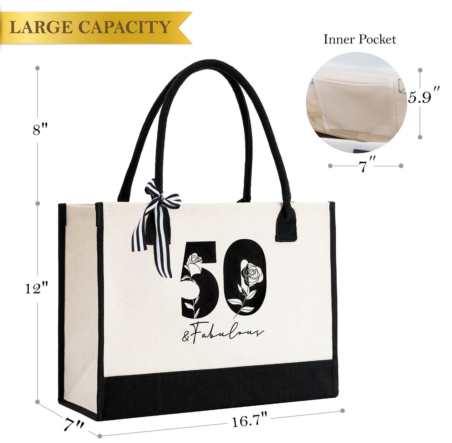 Crisky 50th Birthday Gifts for Women Canvas Tote Bag 50 & Fabulous Beach Bag for Wife/Sister/Mom/Aunt/Friends 50th Birthday Gifts,17" x 12" x 7"