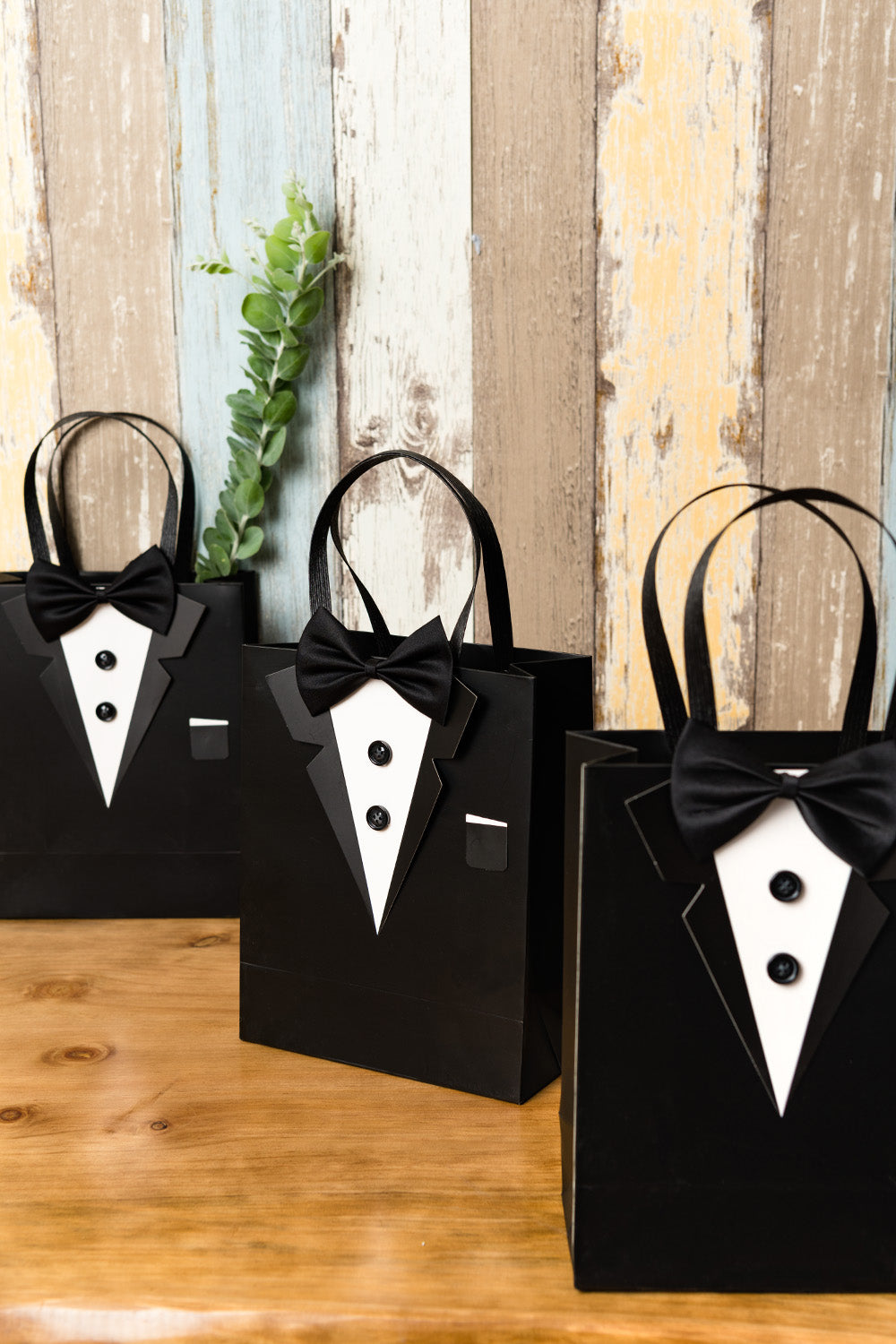 Crisky Classic Black Tuxedo Gift Bags for Groomsman Father's Birthday Anniversary Wedding Favor Bags 10"x8"x4" set of 6