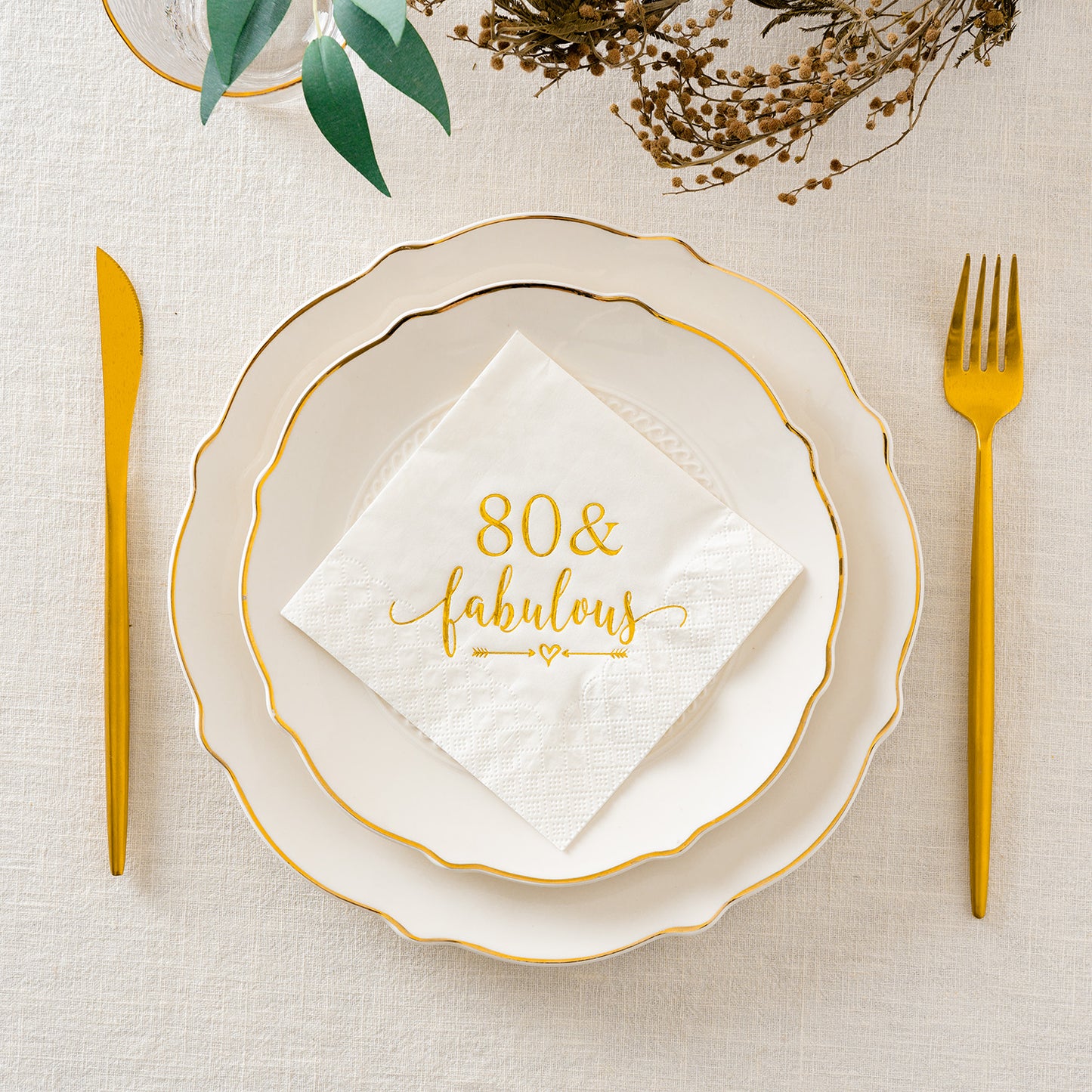 Crisky 80 and Fabulous Cocktail Napkins Gold for Women 80th Birthday Decorations, 80th Birthday Bevergae Dessert Cake Table Supplies, 50Pcs, 3-Ply