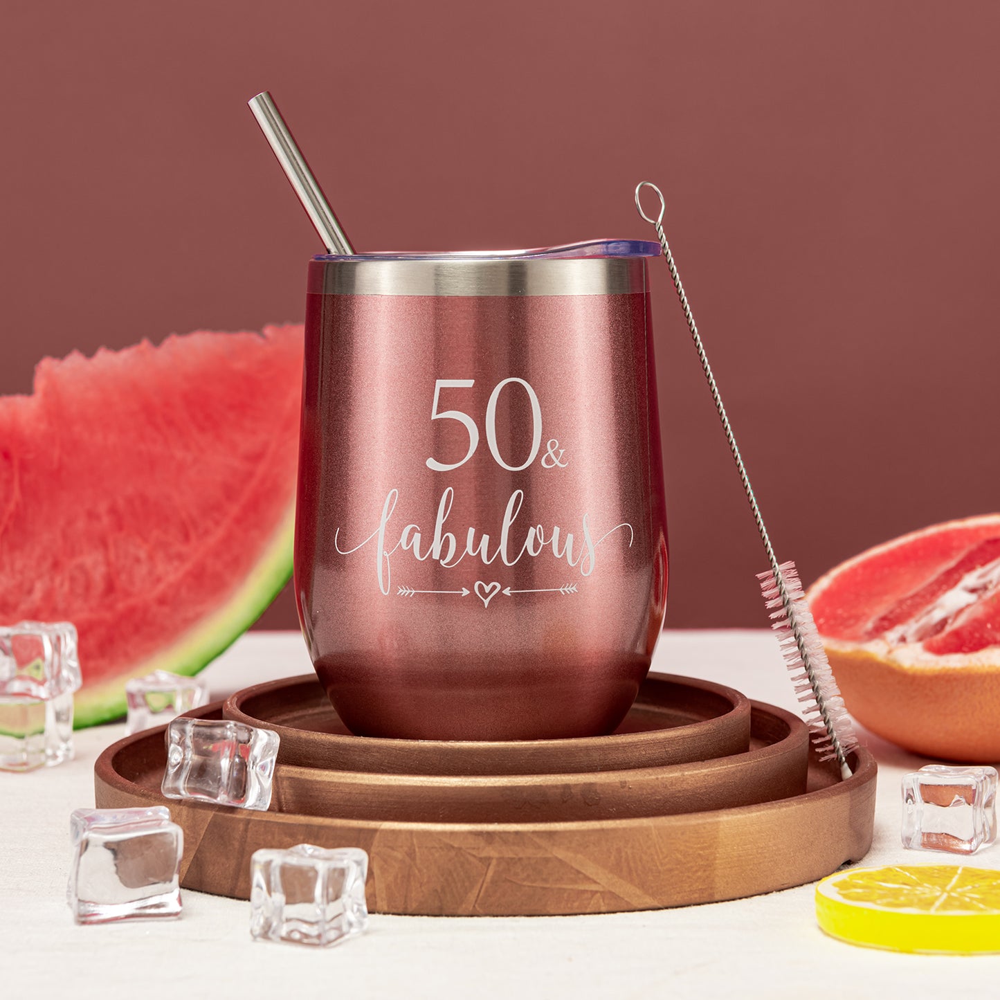 Crisky Rose Gold 50 & Fabulous Wine Tumbler for Women 50th Birthday Gifts for Women, Wife, Mom, Sister, Aunt, Friends, Coworker Her, Vacuum Insulated Coffee Cup,12oz with Box, Lid, Straw