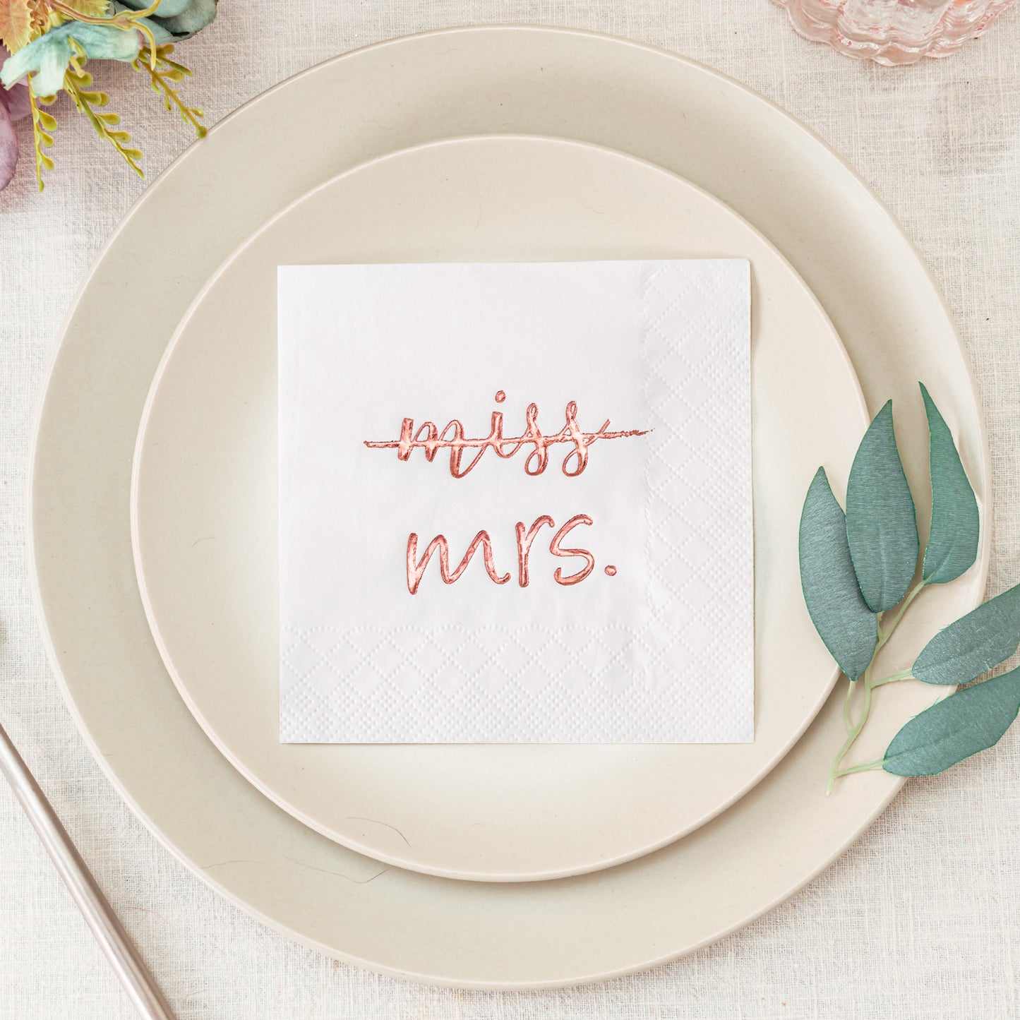 Crisky Rose Gold Miss to Mrs Cocktail Napkins for Bridal Shower Engagement Bachelorette Party Dessert Beverage Table Party Supplies, Disposable Napkins, 3 Ply, 50 count