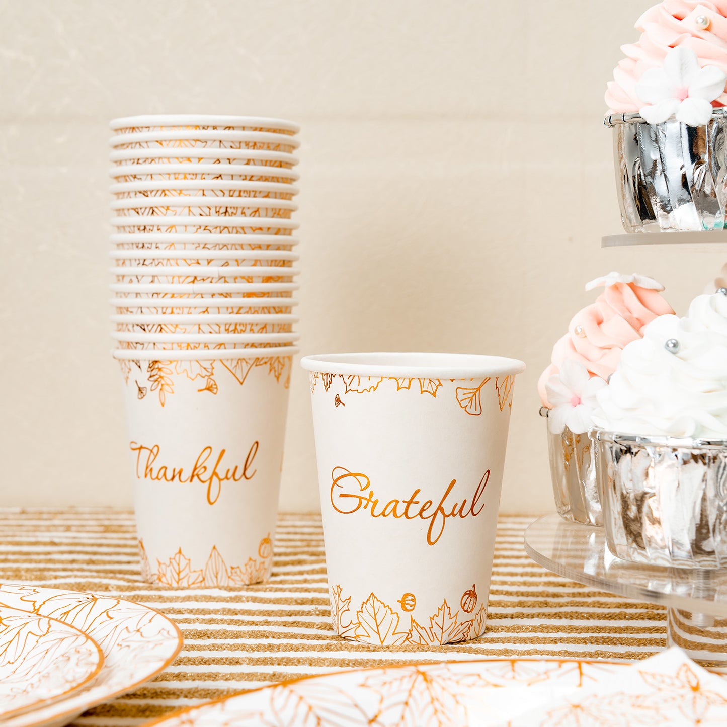 Crisky Thanksgiving Disposable Napkins Plates Cups Set for Autumn Thanksgiving Dinner Party Decorations, Thankful and Grateful in Orange Foil, Set of 24