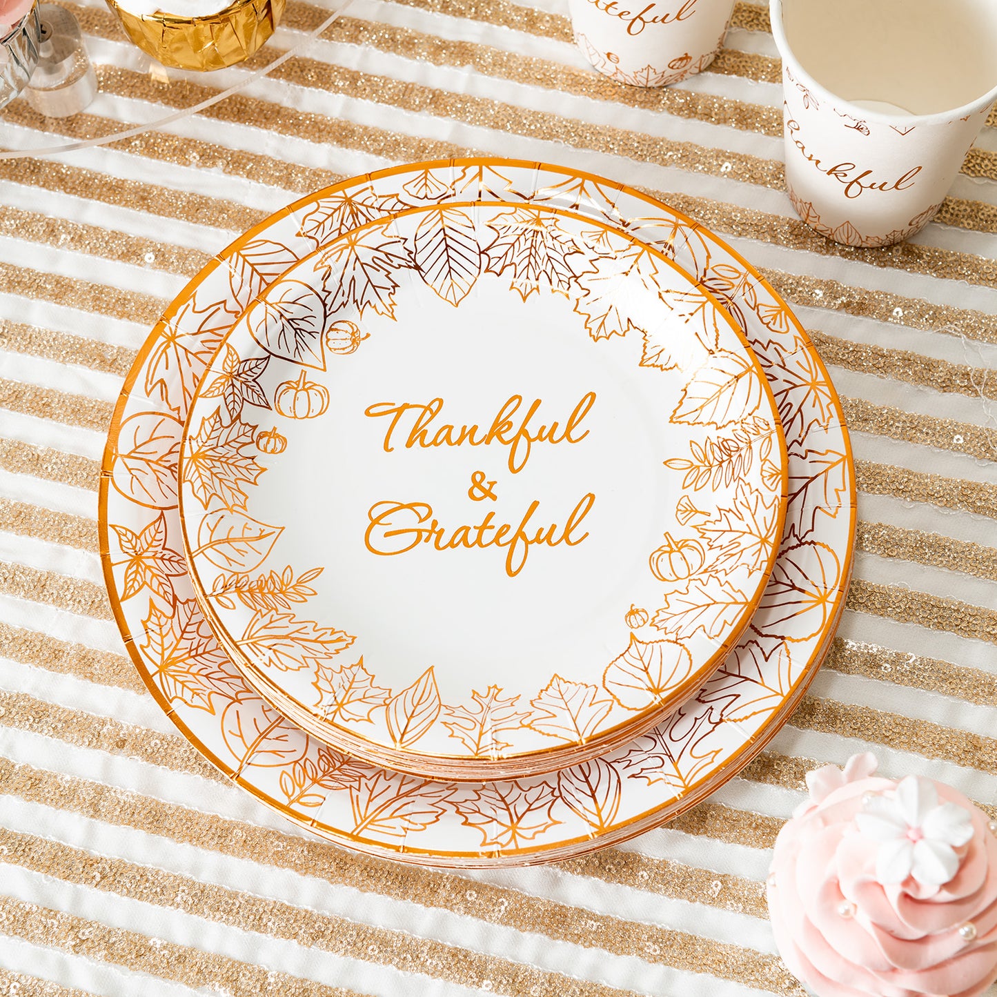 Crisky Thanksgiving Disposable Napkins Plates Cups Set for Autumn Thanksgiving Dinner Party Decorations, Thankful and Grateful in Orange Foil, Set of 24