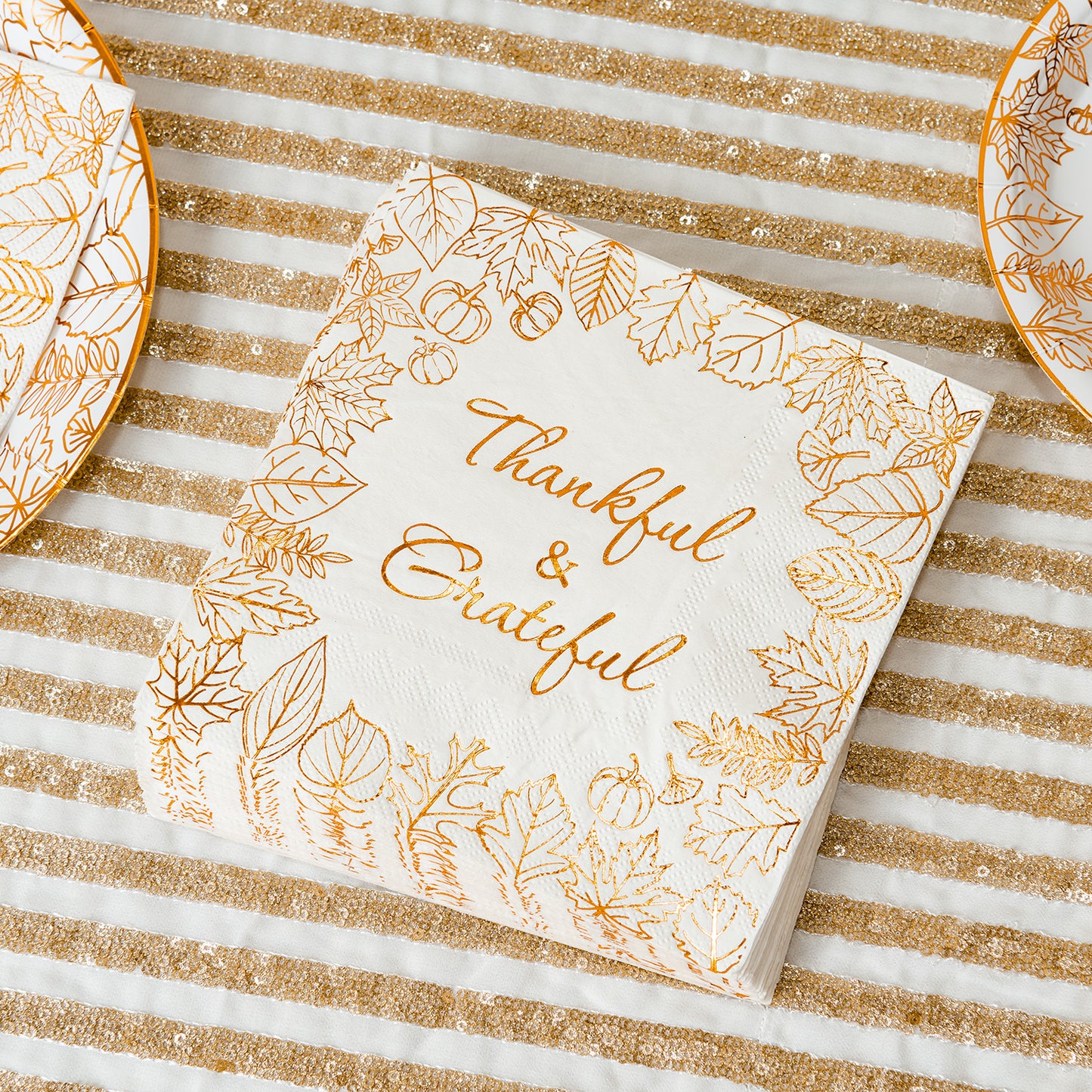 Crisky Thanksgiving Disposable Napkins Plates Cups Set for Autumn Thanksgiving Dinner Party Decorations, Thankful and Grateful in Orange Foil, Set of 24