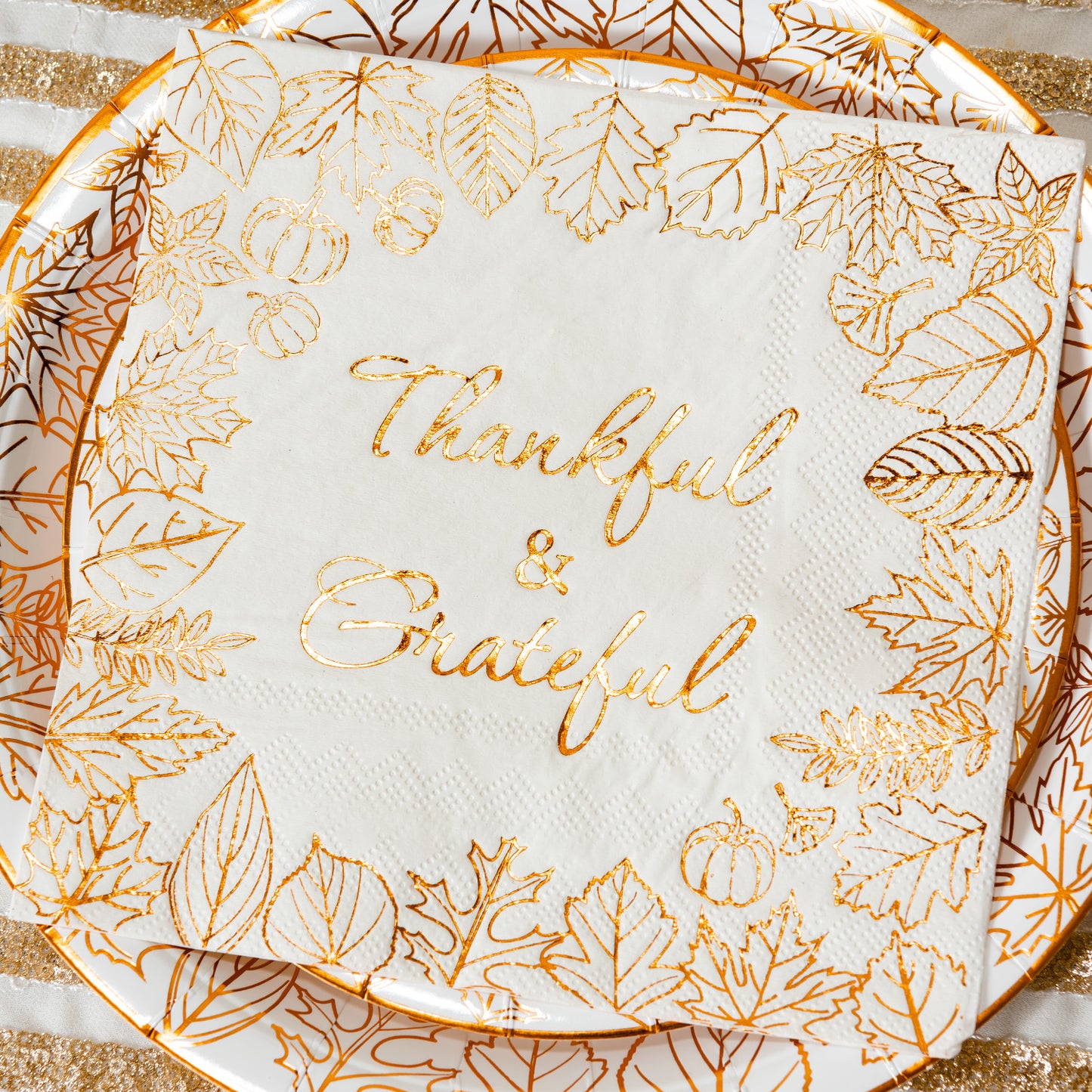 Crisky Thanksgiving Disposable Napkins Plates Cups Set for Autumn Thanksgiving Dinner Party Decorations, Thankful and Grateful in Orange Foil, Set of 24