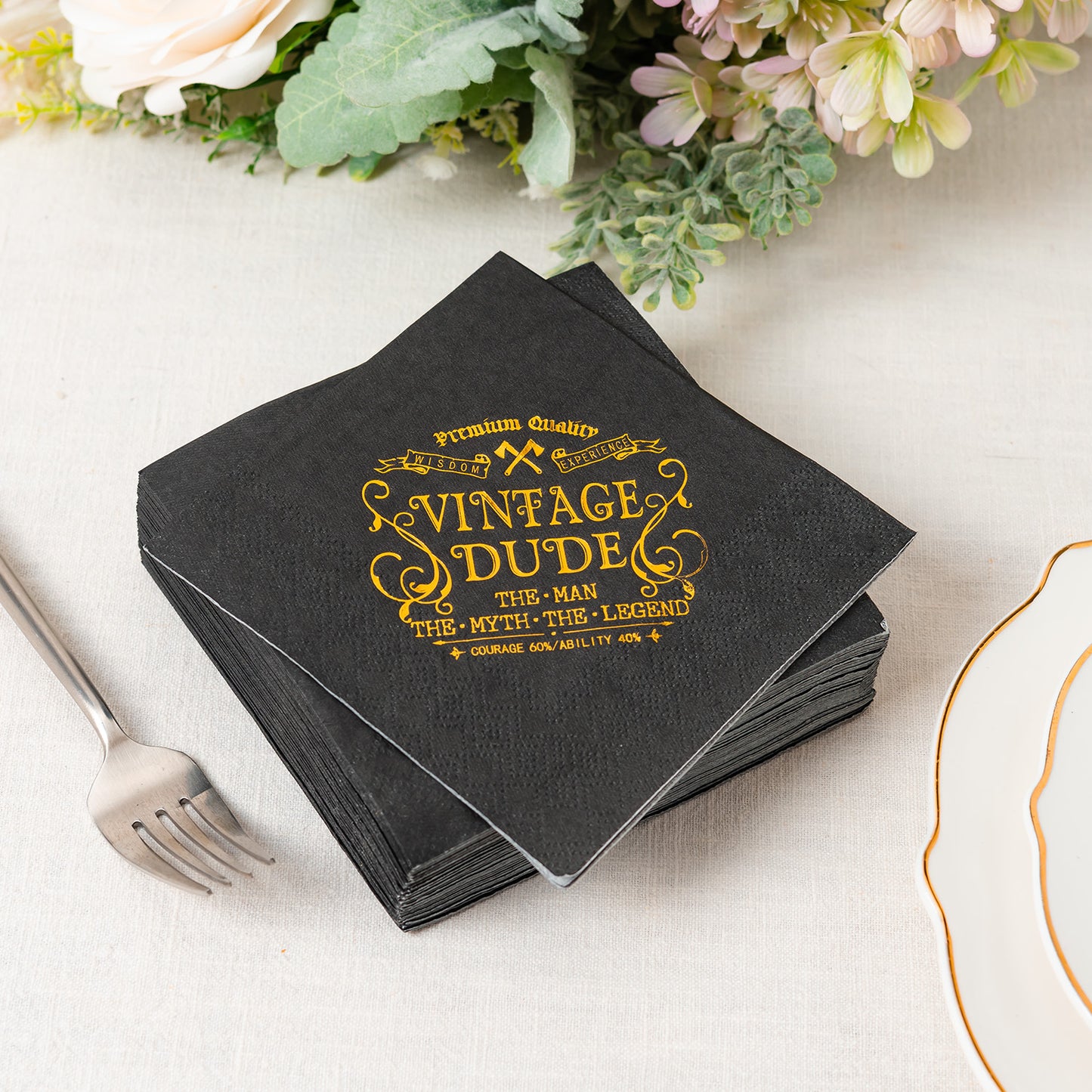 Crisky Vintage Dude Napkins Black Gold Birthday Decorations for Men, Birthday Cocktail Berverage Dessert Cake Table Decorations Vintage Dude Party Supplies, 5" x 5", 50 Count