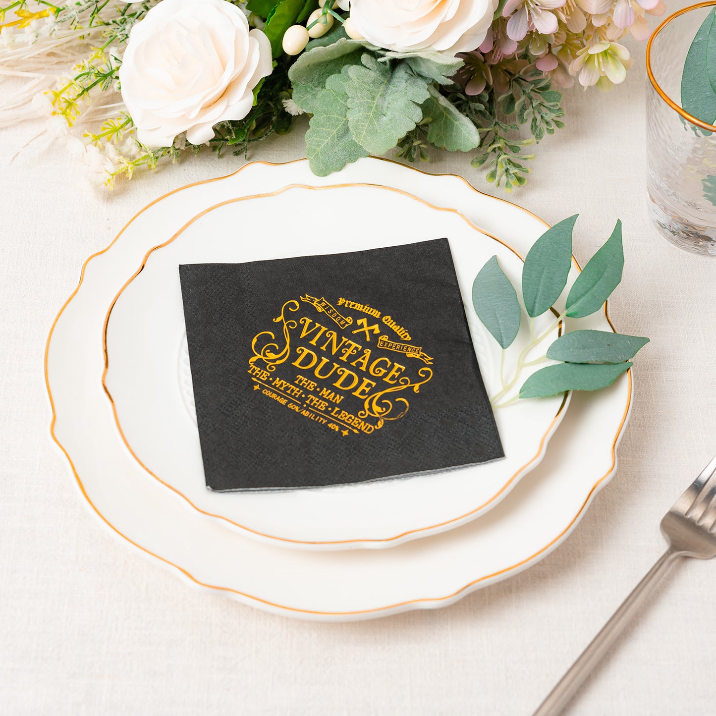 Crisky Vintage Dude Napkins Black Gold Birthday Decorations for Men, Birthday Cocktail Berverage Dessert Cake Table Decorations Vintage Dude Party Supplies, 5" x 5", 50 Count