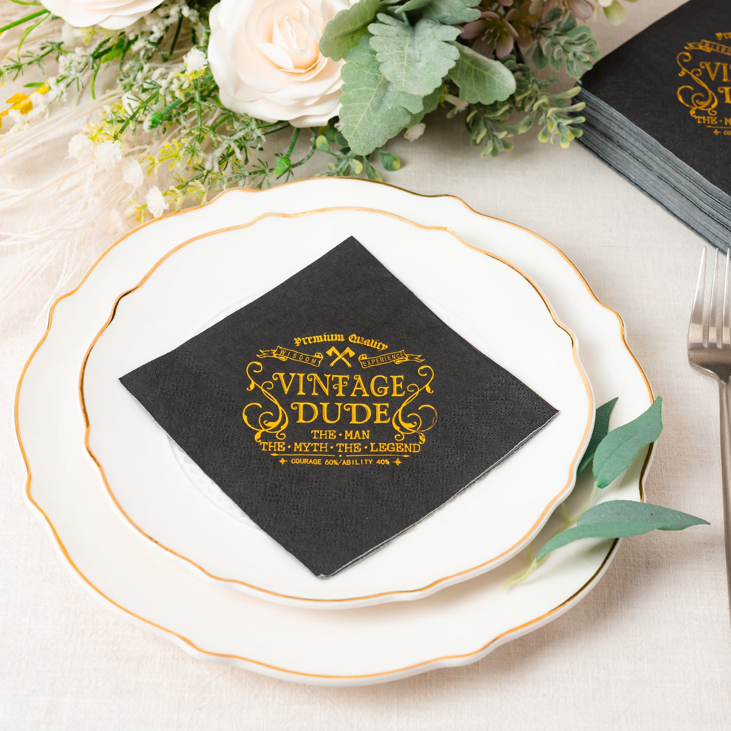 Crisky Vintage Dude Napkins Black Gold Birthday Decorations for Men, Birthday Cocktail Berverage Dessert Cake Table Decorations Vintage Dude Party Supplies, 5" x 5", 50 Count