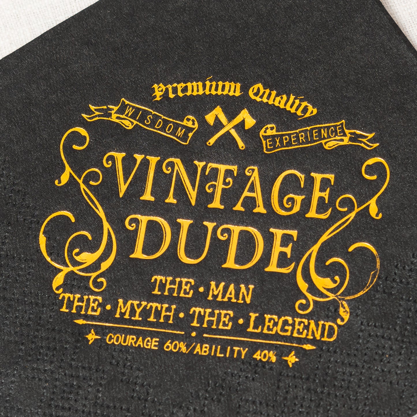 Crisky Vintage Dude Napkins Black Gold Birthday Decorations for Men, Birthday Cocktail Berverage Dessert Cake Table Decorations Vintage Dude Party Supplies, 5" x 5", 50 Count