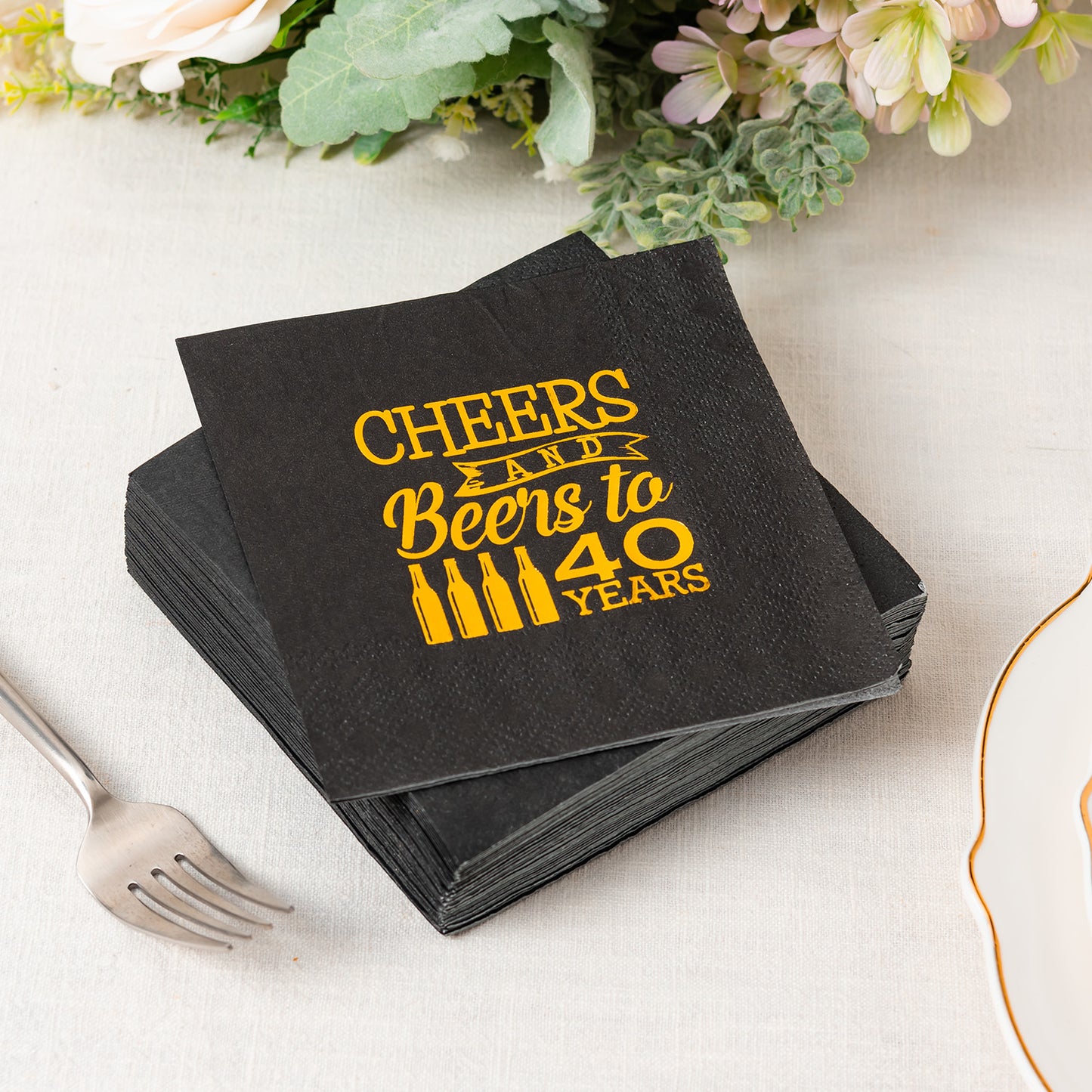 Crisky 40th Birthday Cocktail Napkins Black and Gold, Beverages Napkins for 40th Birthday Anniversary Decorations Cheers to 40 Years, 50 PCS, 3-Ply