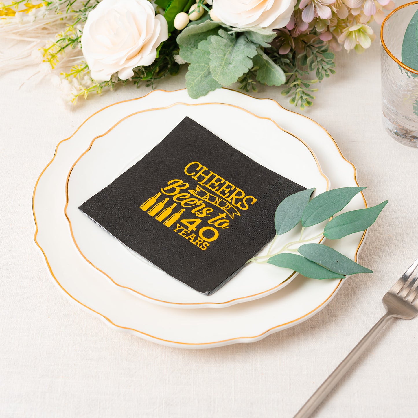 Crisky 40th Birthday Cocktail Napkins Black and Gold, Beverages Napkins for 40th Birthday Anniversary Decorations Cheers to 40 Years, 50 PCS, 3-Ply