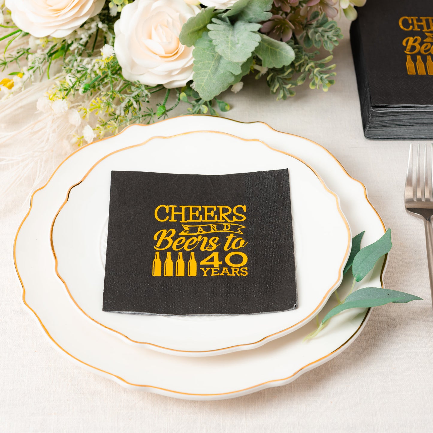 Crisky 40th Birthday Cocktail Napkins Black and Gold, Beverages Napkins for 40th Birthday Anniversary Decorations Cheers to 40 Years, 50 PCS, 3-Ply