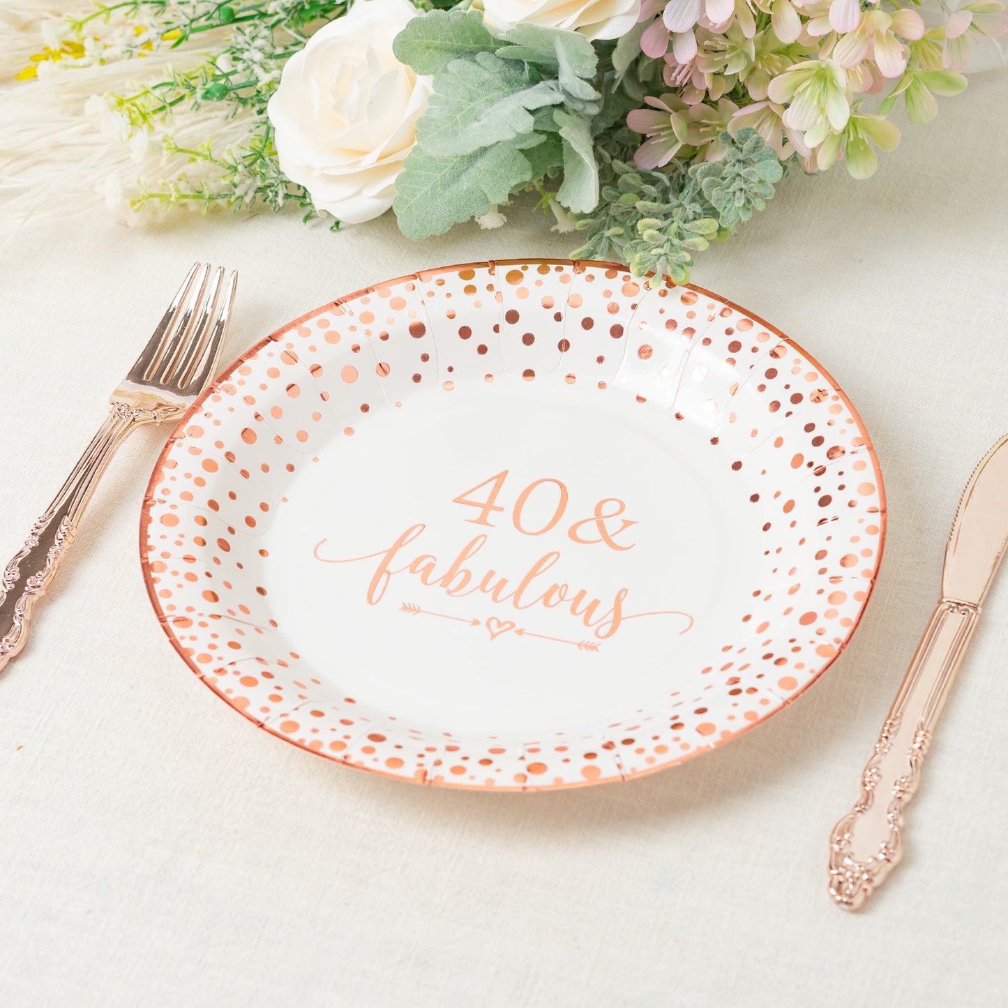 Crisky 40 Fabulous Disposable Plates for Women 40th Birthday Decorations Rose Gold Dessert, Buffet, Cake, Lunch, Dinner Disposable Plates 40th Birthday Party Table Supples, 50 Count, 9 inches