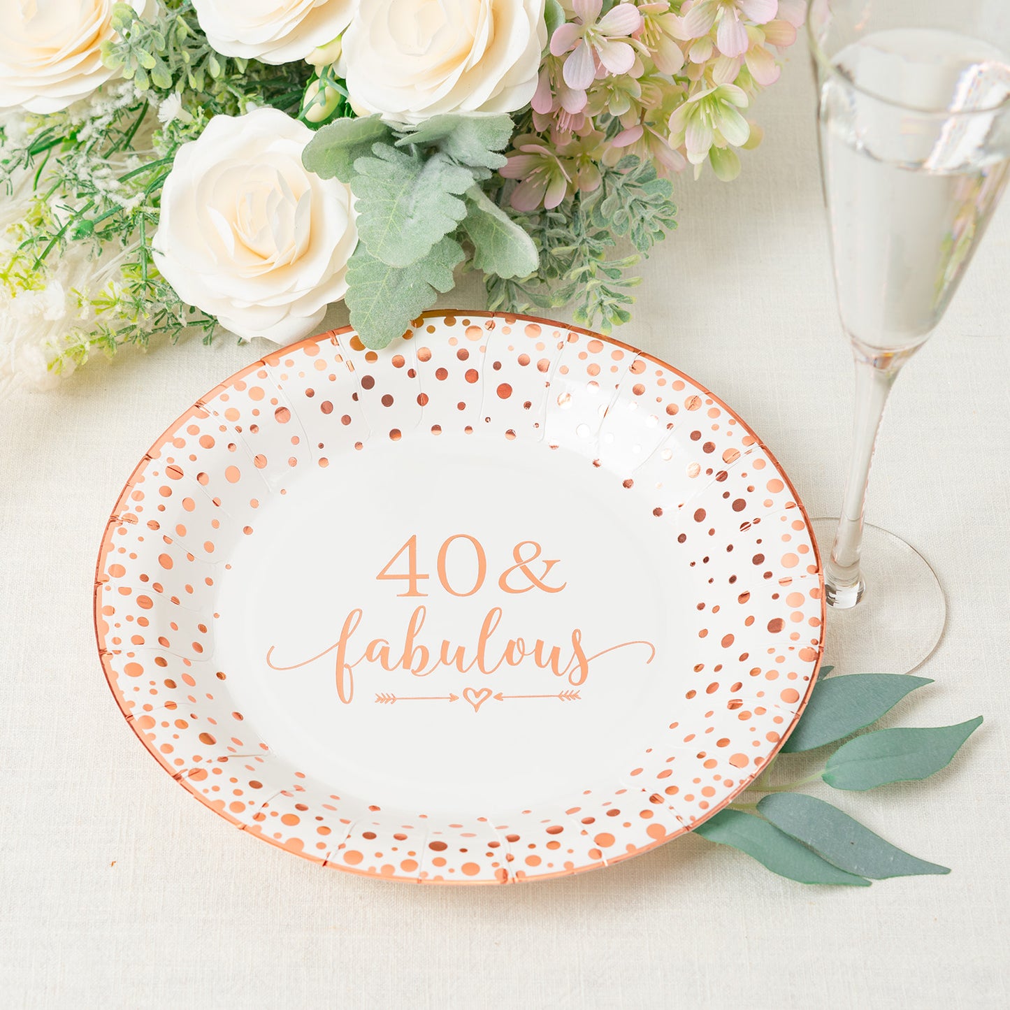 Crisky 40 Fabulous Disposable Plates for Women 40th Birthday Decorations Rose Gold Dessert, Buffet, Cake, Lunch, Dinner Disposable Plates 40th Birthday Party Table Supples, 50 Count, 9 inches