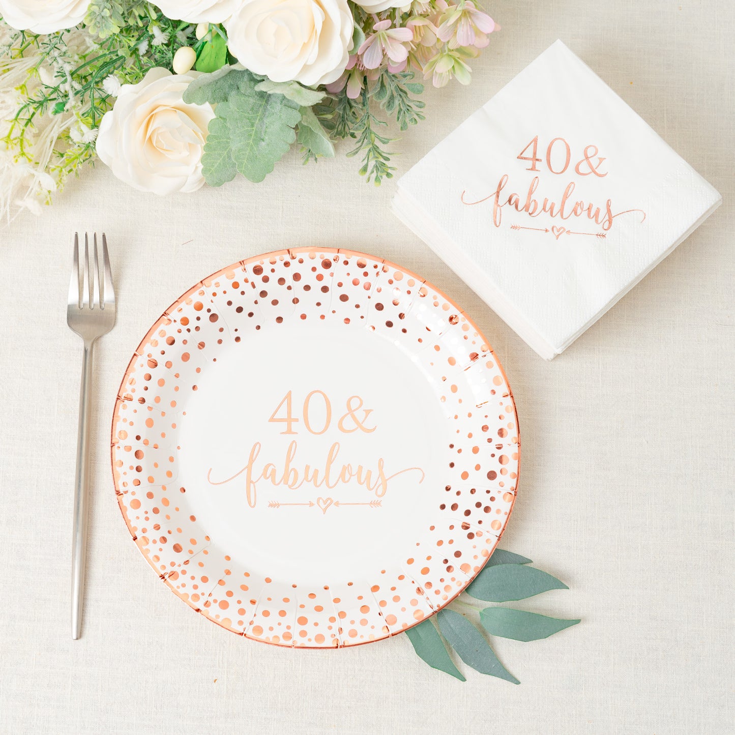 Crisky 40 Fabulous Disposable Plates for Women 40th Birthday Decorations Rose Gold Dessert, Buffet, Cake, Lunch, Dinner Disposable Plates 40th Birthday Party Table Supples, 50 Count, 9 inches