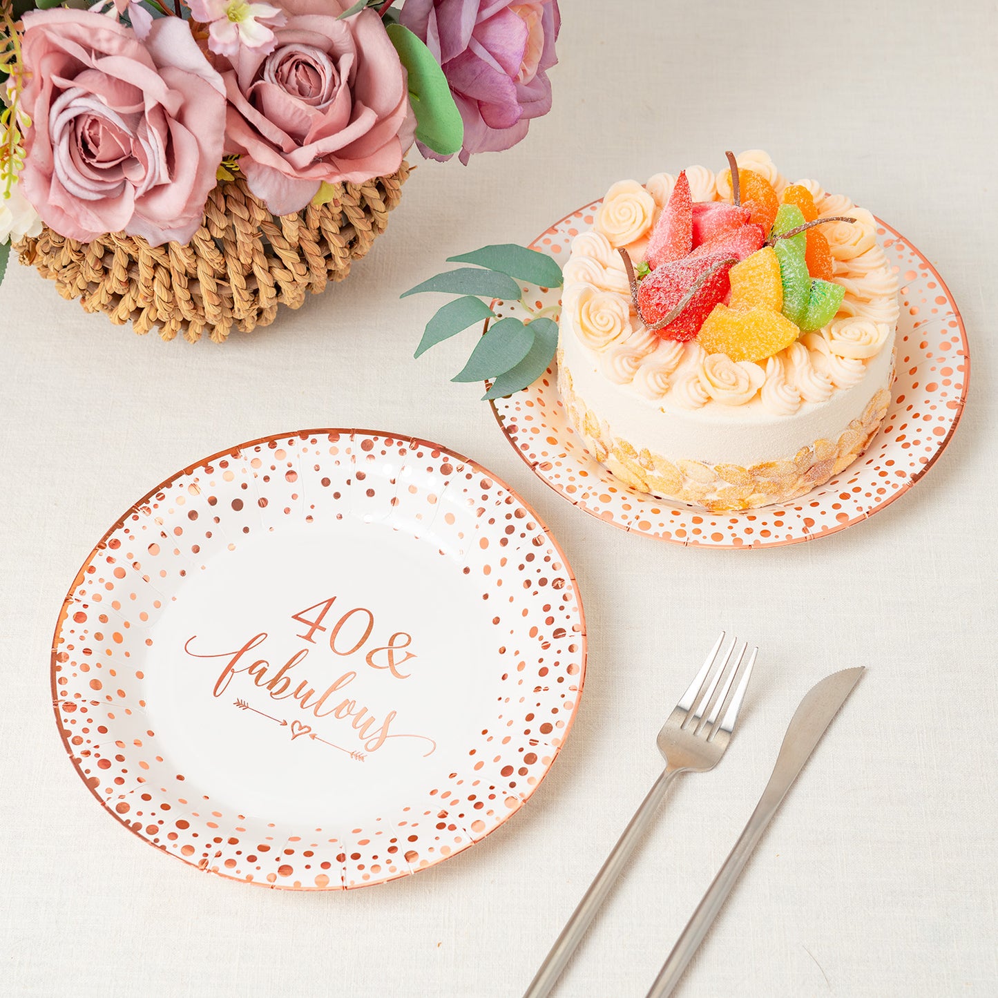 Crisky 40 Fabulous Disposable Plates for Women 40th Birthday Decorations Rose Gold Dessert, Buffet, Cake, Lunch, Dinner Disposable Plates 40th Birthday Party Table Supples, 50 Count, 9 inches