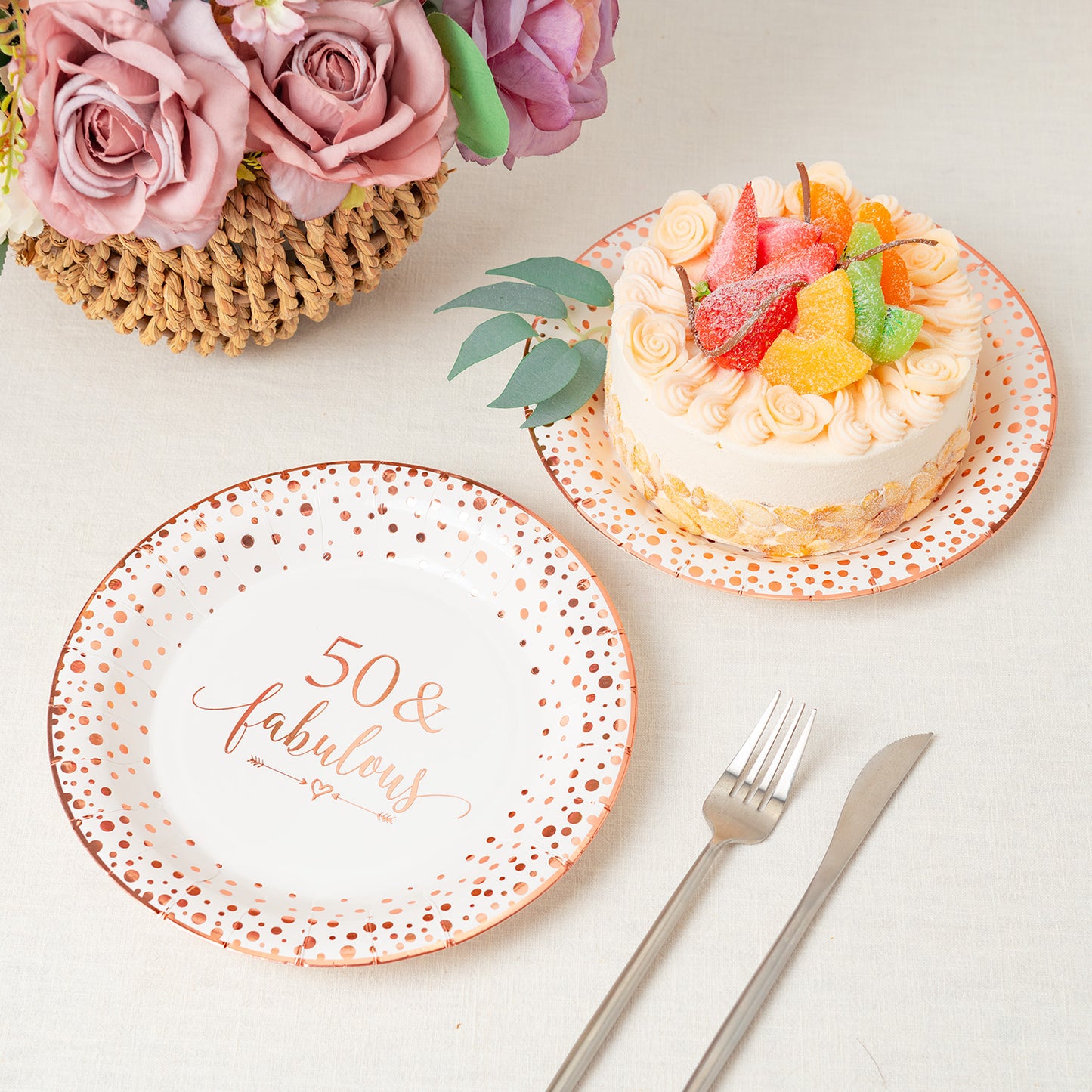 Crisky 50 Fabulous Disposable Plates for Women 50th Birthday Decorations Rose Gold Dessert, Buffet, Cake, Lunch, Dinner Disposable Plates 50th Birthday Party Table Supples, 50 Count, 9 inches