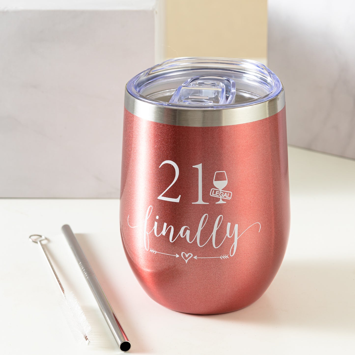 Crisky Rose Gold 21 & Finally Wine Tumbler for Girl 21st Birthday Gifts Funny Ideas for Girlfriend, Sister, Friends, Daughter, Her Wine Glass, Vacuum Insulated Coffee Cup 12oz, with Box, Lid and Straw