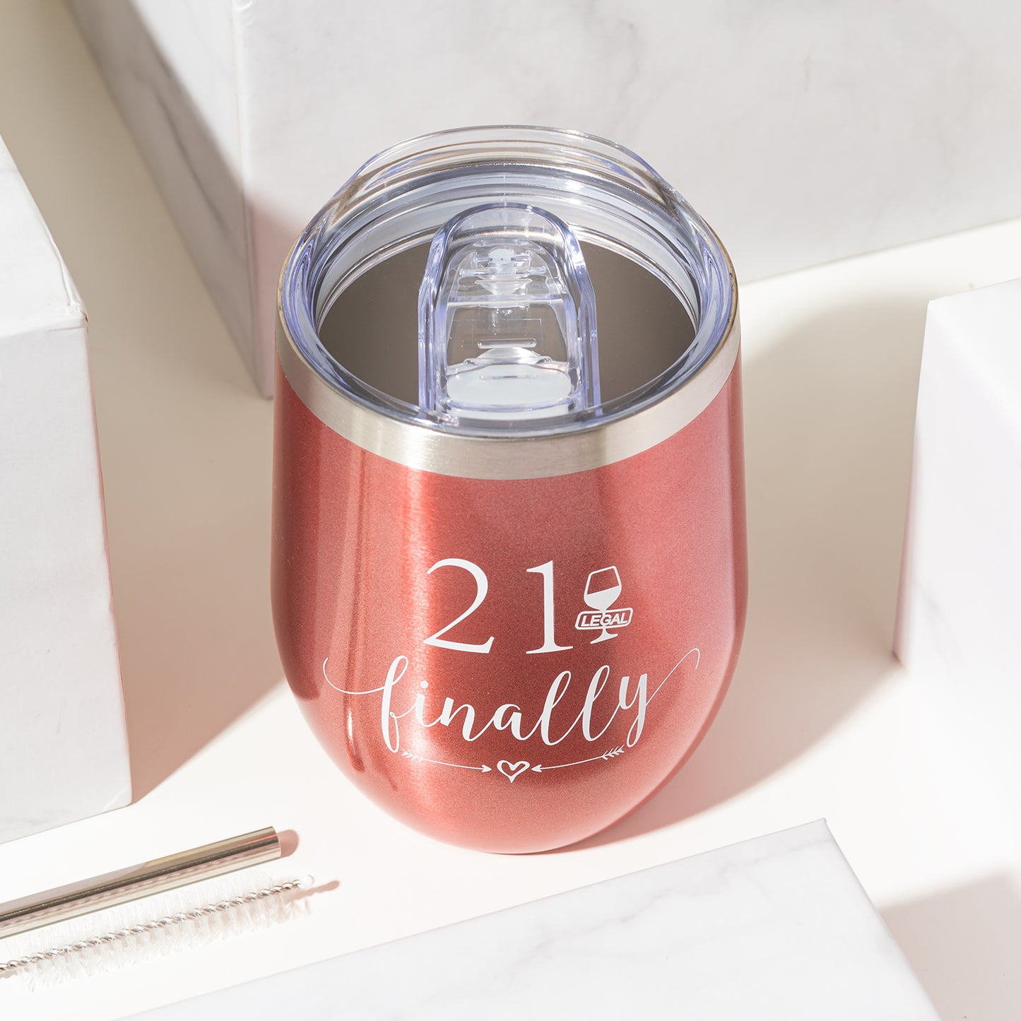 Crisky Rose Gold 21 & Finally Wine Tumbler for Girl 21st Birthday Gifts Funny Ideas for Girlfriend, Sister, Friends, Daughter, Her Wine Glass, Vacuum Insulated Coffee Cup 12oz, with Box, Lid and Straw