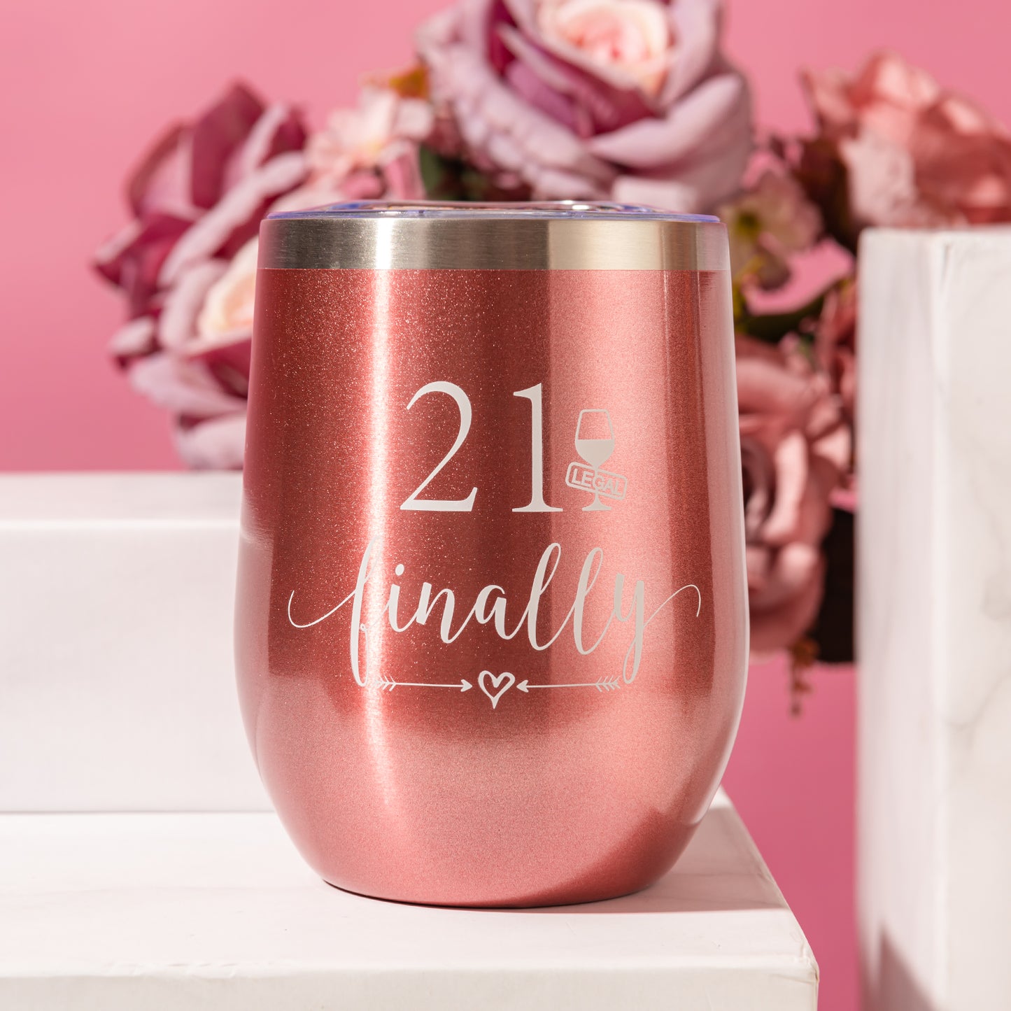 Crisky Rose Gold 21 & Finally Wine Tumbler for Girl 21st Birthday Gifts Funny Ideas for Girlfriend, Sister, Friends, Daughter, Her Wine Glass, Vacuum Insulated Coffee Cup 12oz, with Box, Lid and Straw