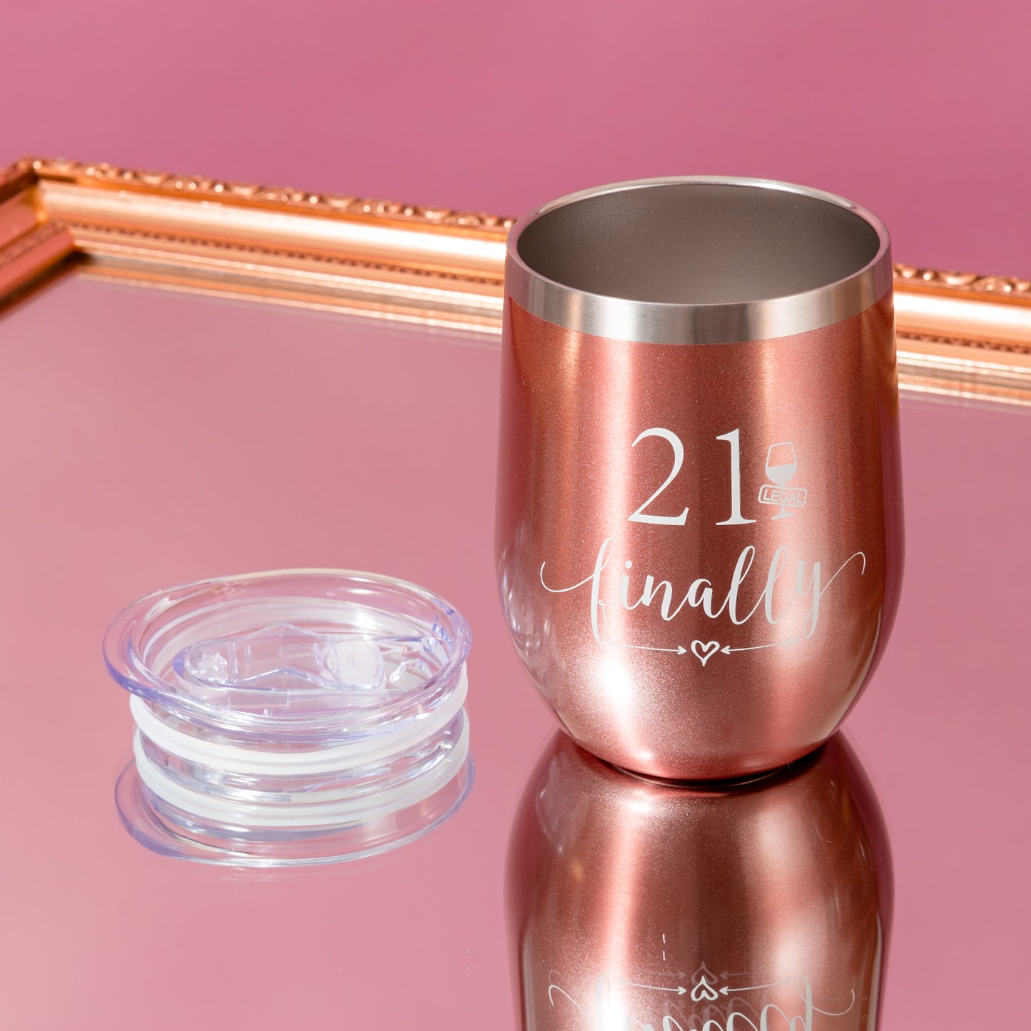 Crisky Rose Gold 21 & Finally Wine Tumbler for Girl 21st Birthday Gifts Funny Ideas for Girlfriend, Sister, Friends, Daughter, Her Wine Glass, Vacuum Insulated Coffee Cup 12oz, with Box, Lid and Straw