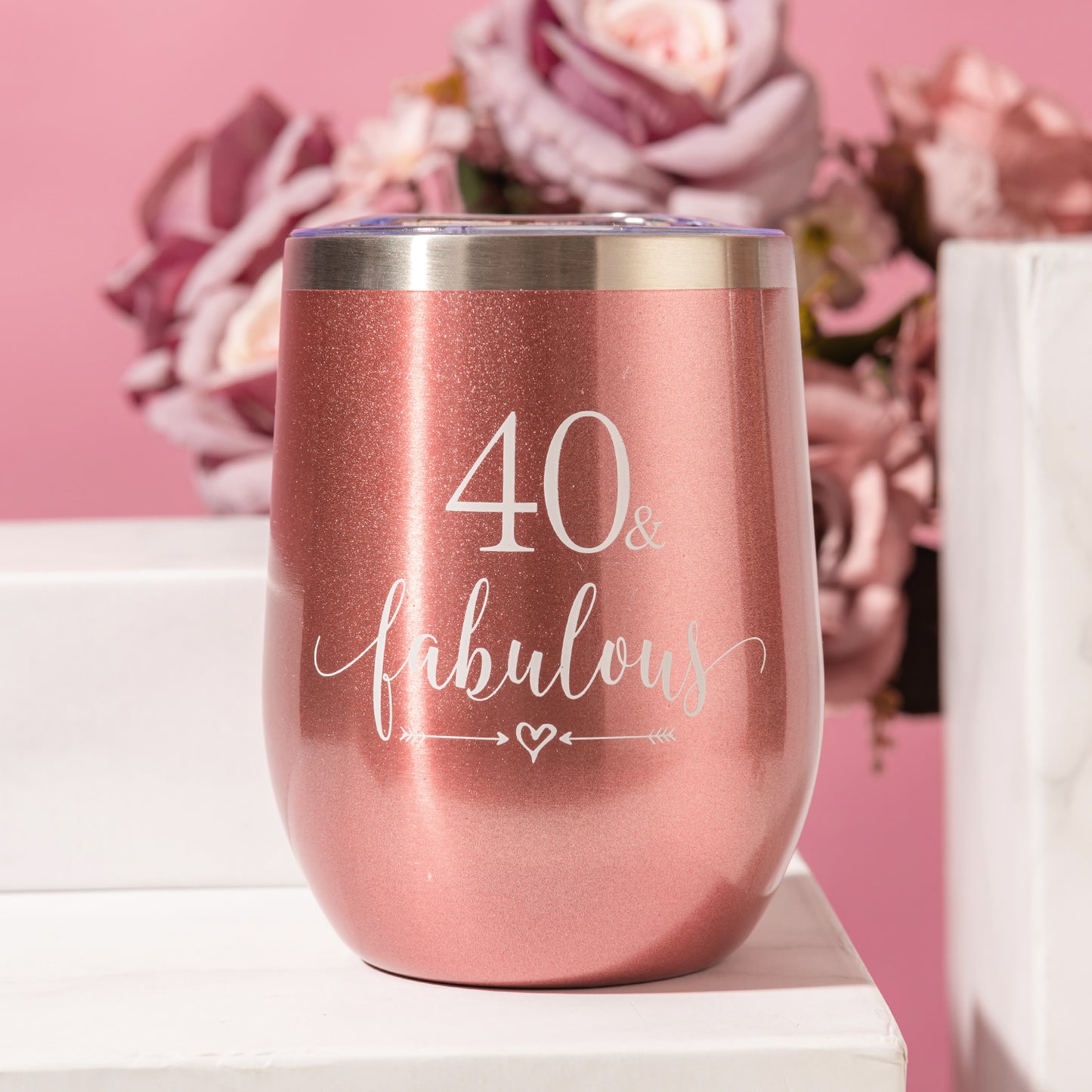 Crisky Rose Gold 40 & Fabulous Wine Tumbler for Women 40th Birthday Gifts for Women, Wife, Mom, Sister, Aunt, Friends, Coworker Her, Vacuum Insulated Coffee Cup,12oz with Box, Lid, Straw