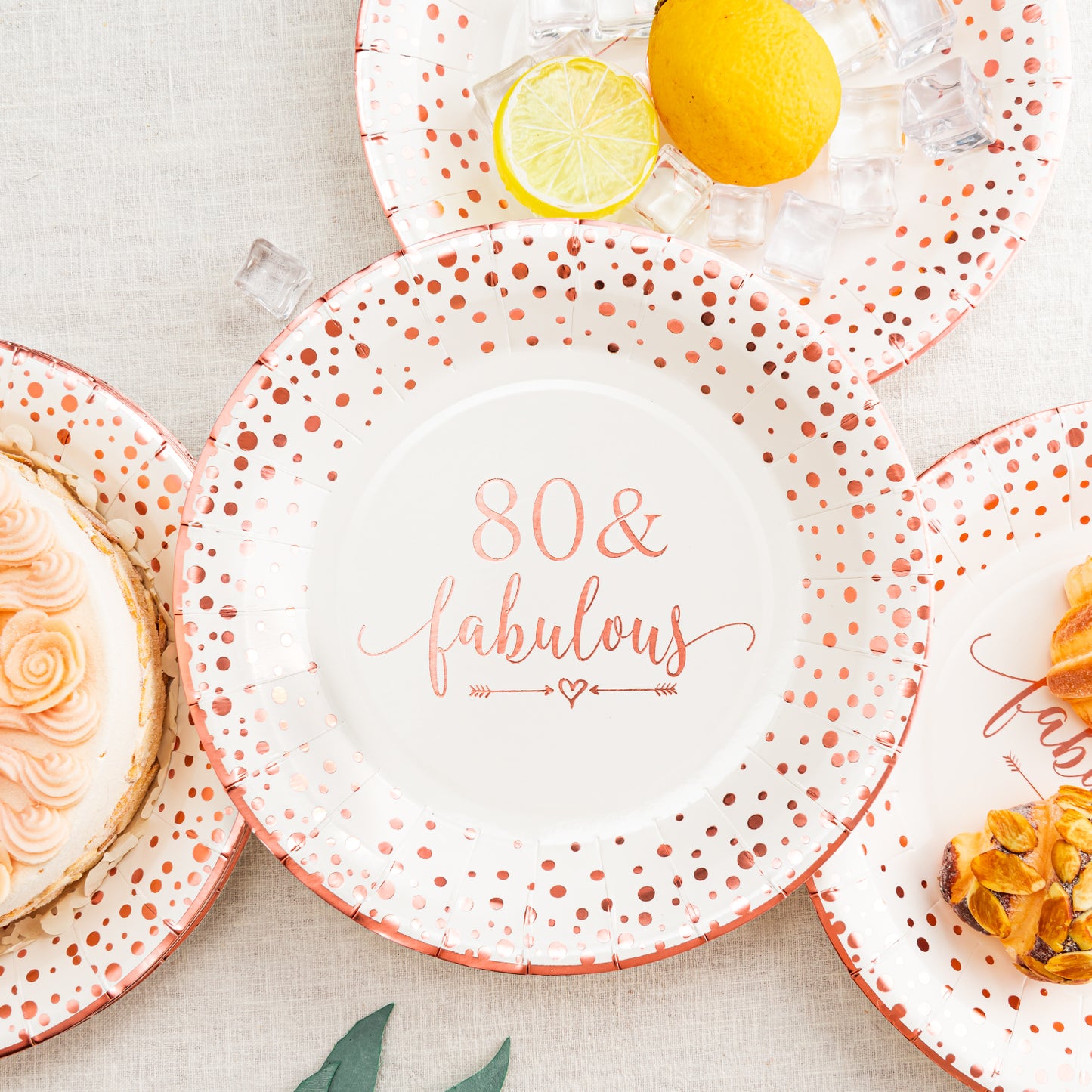 Crisky 80 Fabulous Disposable Plates for Women 80th Birthday Decorations Rose Gold Dessert, Buffet, Cake, Lunch, Dinner Disposable Plates 80th Birthday Party Table Supples, 50 Count, 9 inches