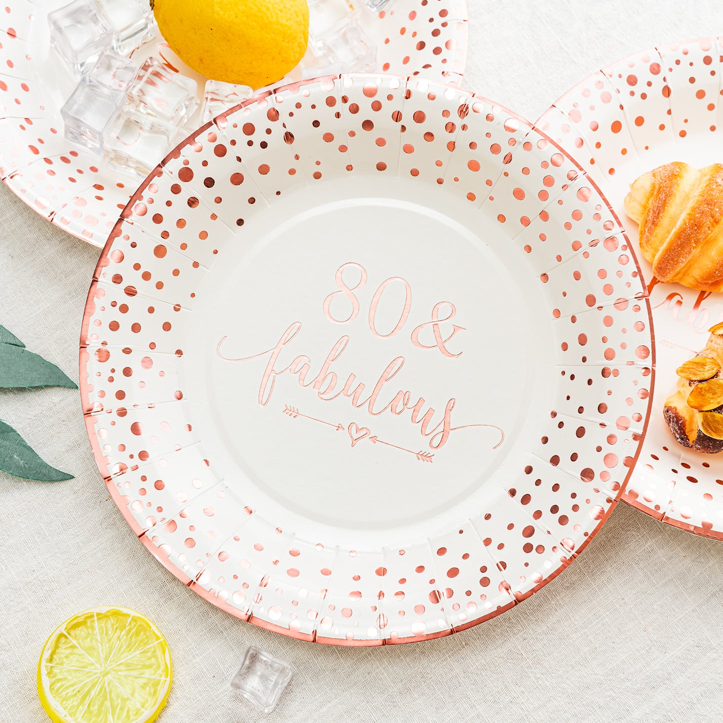 Crisky 80 Fabulous Disposable Plates for Women 80th Birthday Decorations Rose Gold Dessert, Buffet, Cake, Lunch, Dinner Disposable Plates 80th Birthday Party Table Supples, 50 Count, 9 inches