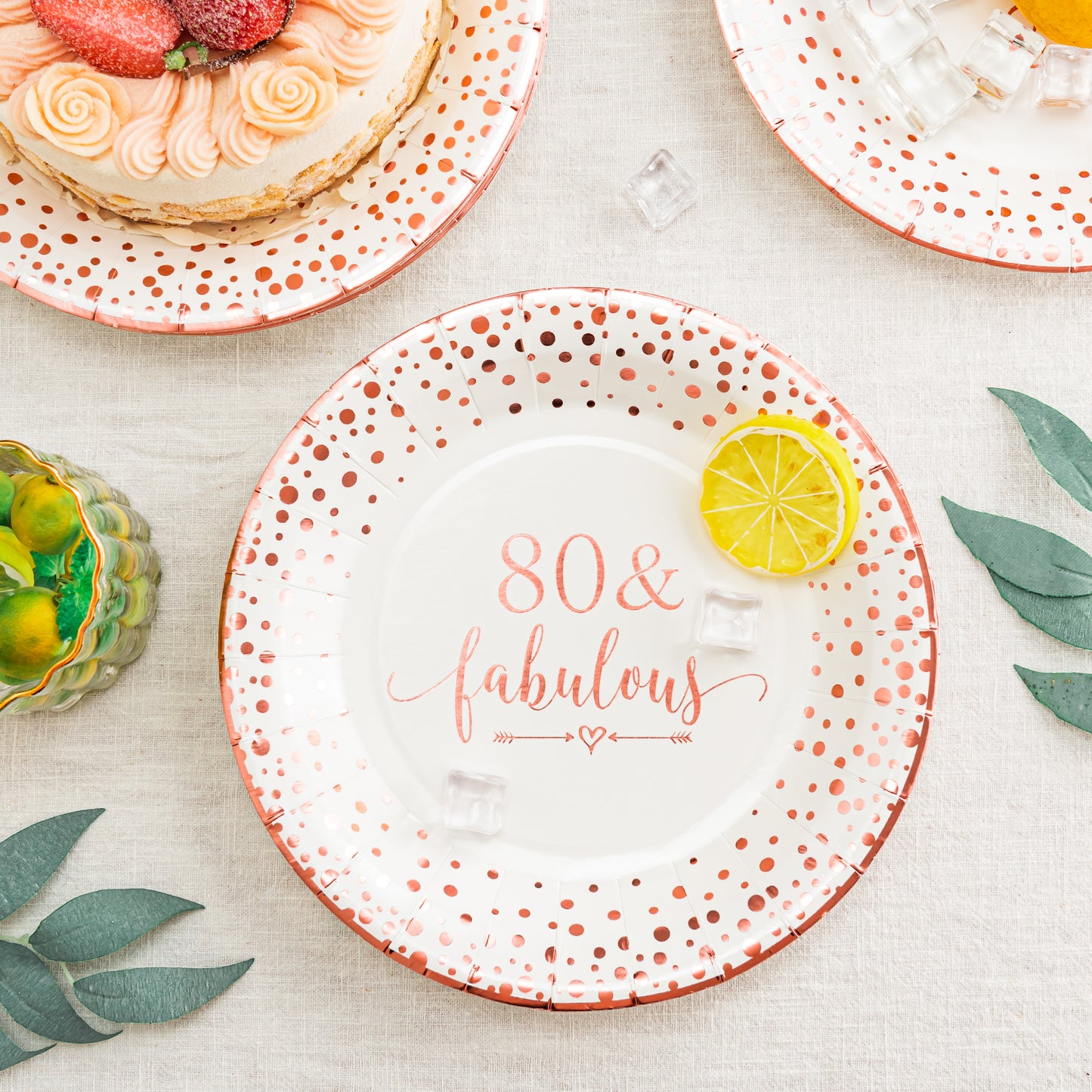 Crisky 80 Fabulous Disposable Plates for Women 80th Birthday Decorations Rose Gold Dessert, Buffet, Cake, Lunch, Dinner Disposable Plates 80th Birthday Party Table Supples, 50 Count, 9 inches