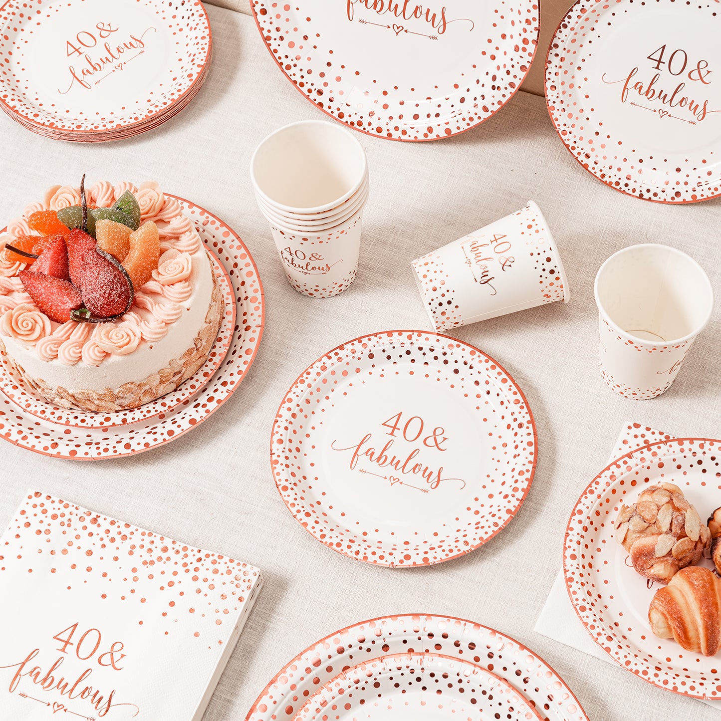 Crisky Rose Gold 40 Fabulous Napkins Plates Cups Set for Women 40th Birthday Party Decorations Supplies, Disposable Tableware Set of 24 (9" Plates, 7" Plates, Luncheon Napkins, 9oz Cups)