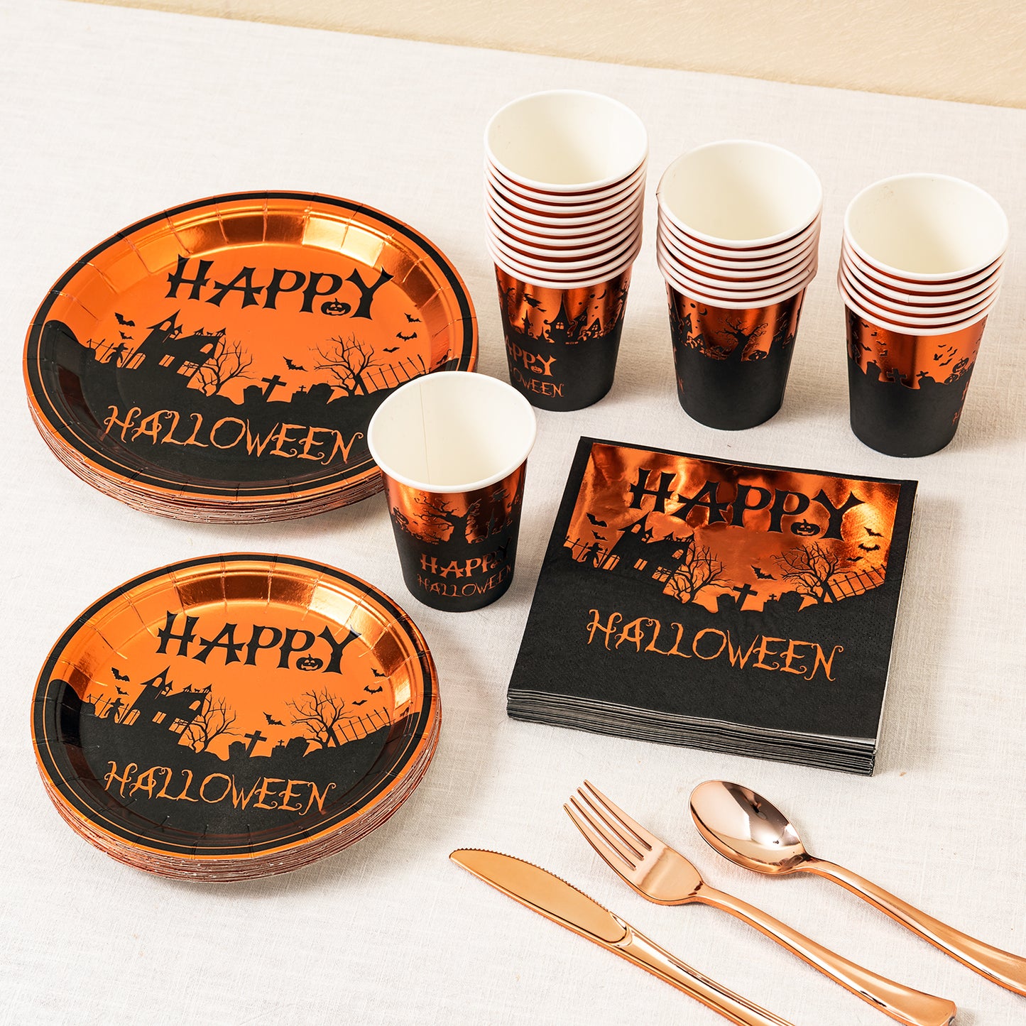 Crisky Happy Halloween Disposable Napkins Plates Cups Set for Halloween Dinner Party Decorations Party Supplies Tableware, Set of 24 (9" Plates,7" Plates, Luncheon Napkins, 9oz Cups)
