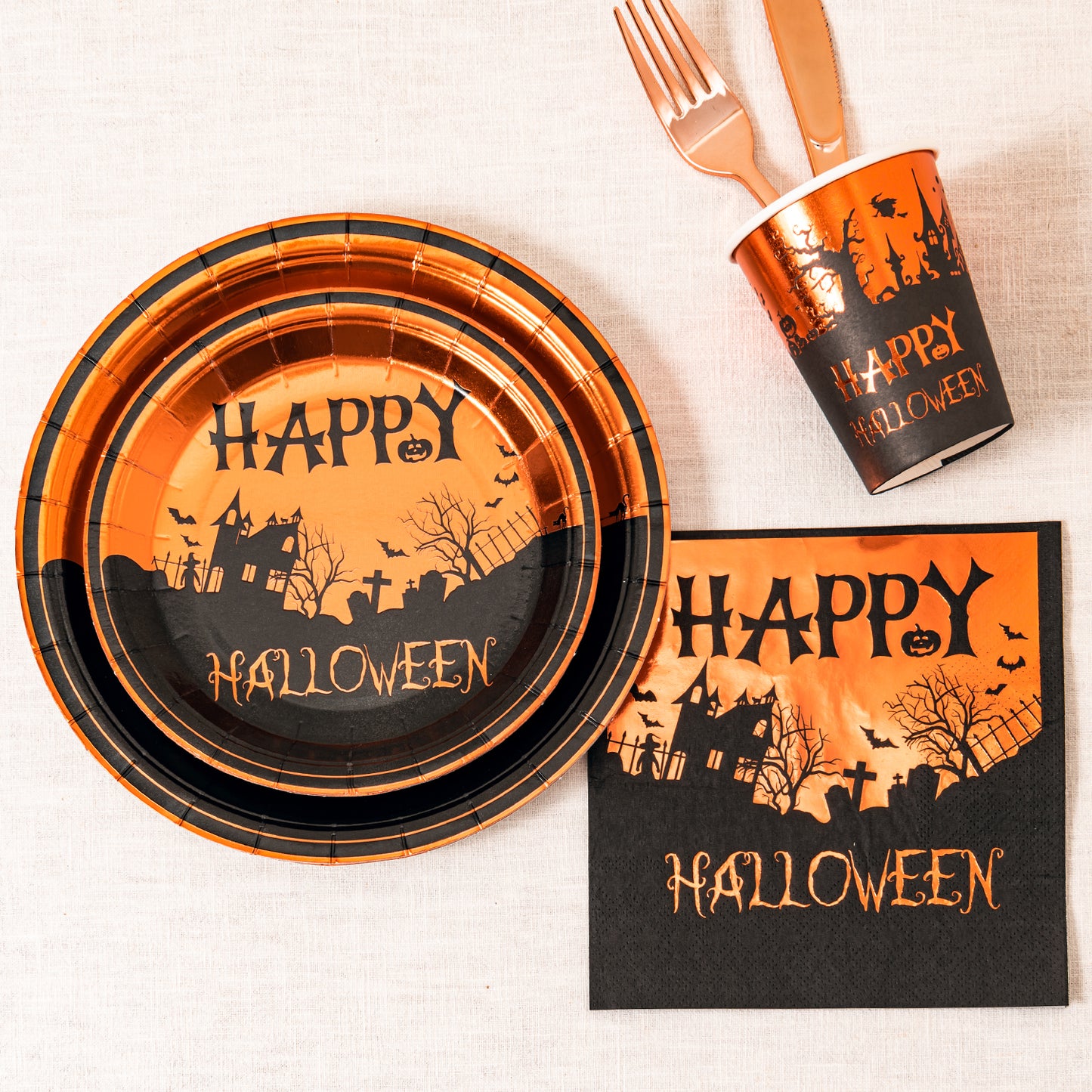 Crisky Happy Halloween Disposable Napkins Plates Cups Set for Halloween Dinner Party Decorations Party Supplies Tableware, Set of 24 (9" Plates,7" Plates, Luncheon Napkins, 9oz Cups)