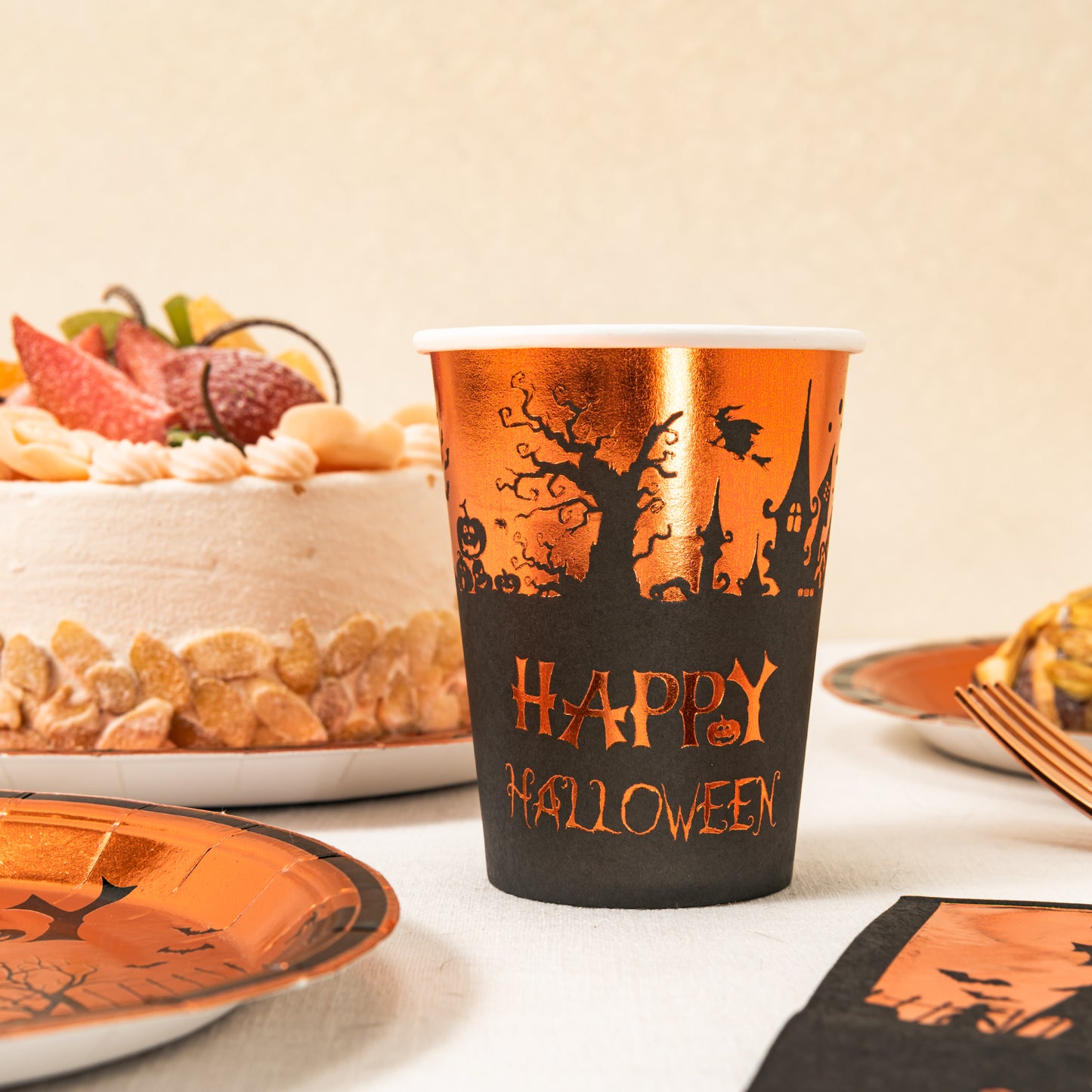 Crisky Happy Halloween Disposable Napkins Plates Cups Set for Halloween Dinner Party Decorations Party Supplies Tableware, Set of 24 (9" Plates,7" Plates, Luncheon Napkins, 9oz Cups)