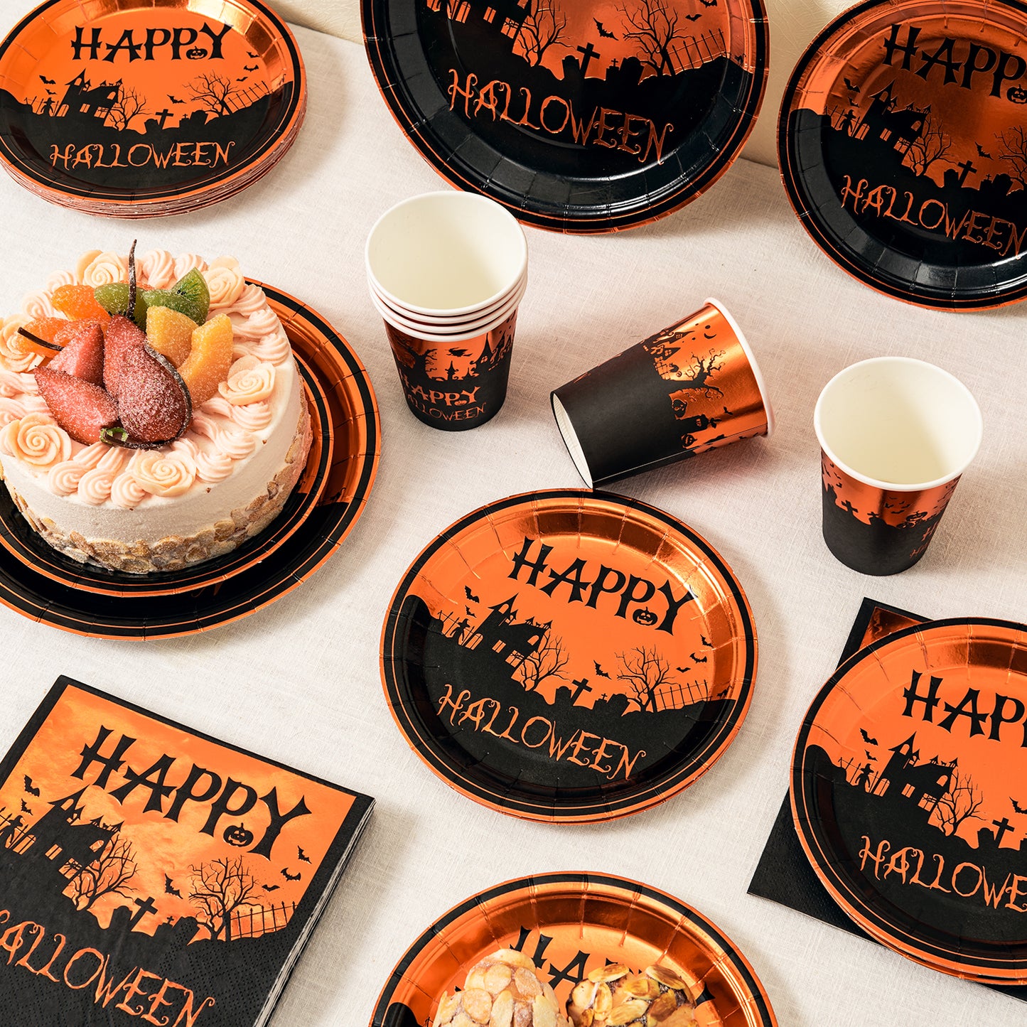 Crisky Happy Halloween Disposable Napkins Plates Cups Set for Halloween Dinner Party Decorations Party Supplies Tableware, Set of 24 (9" Plates,7" Plates, Luncheon Napkins, 9oz Cups)