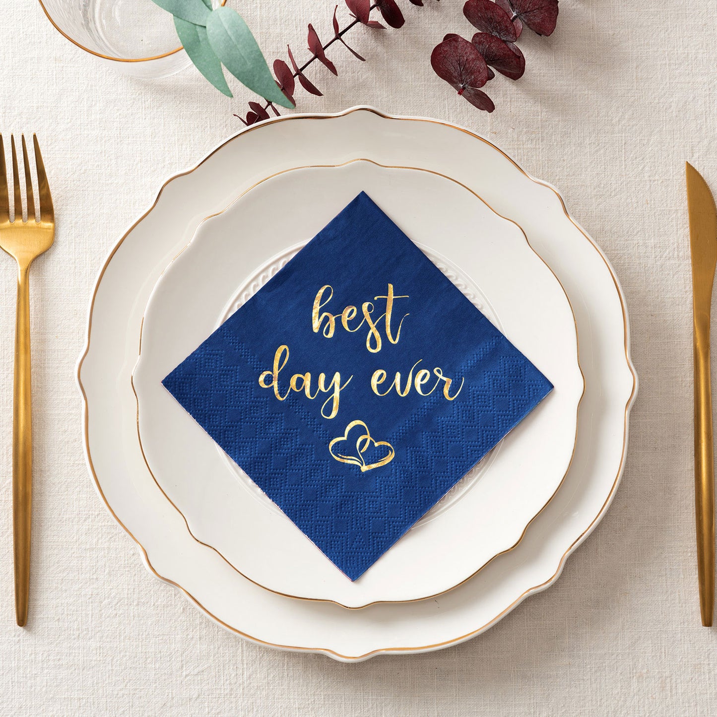 Crisky Wedding Cocktail Napkins Navy Blue Gold Best Day Ever Napkins for Wedding Dessert Beverage Table Decorations Wedding Party Supplies 100 Pcs, 3-ply