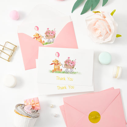 Crisky Baby Shower Girl Thank You Cards with Envelopes 25 Pack Pink Baby Shower Greeting Notes Bulk (Winnie the Pooh with Baby Carriage)