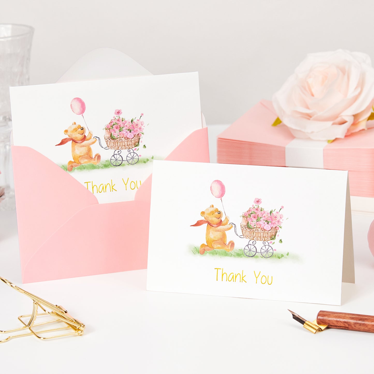 Crisky Baby Shower Girl Thank You Cards with Envelopes 25 Pack Pink Baby Shower Greeting Notes Bulk (Winnie the Pooh with Baby Carriage)