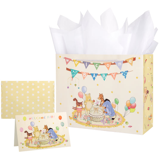 Crisky 13" Large Winnie Gift Bags with Tissue Paper and Greeting Card for Baby Shower Kids Boy and Girl Birthday Parties