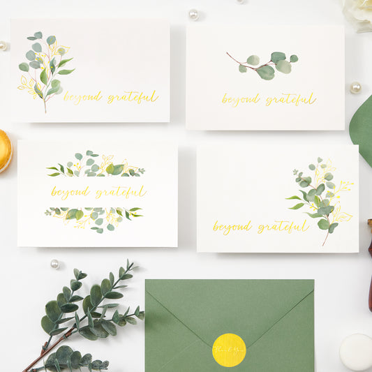 Crisky 4 Assortment Gold Foil Beyond Grateful Thank You Cards (50 pack) with Envelopes, Eucalyptus Leaves, Birthday, Baby Shower, Bridal Shower, Wedding, All Occasion