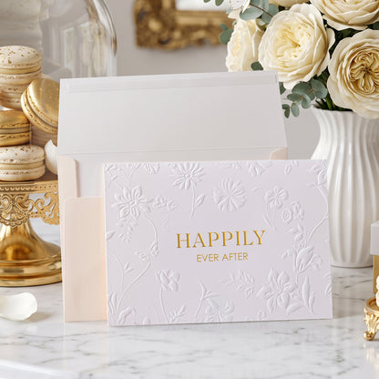 Crisky 13" Embossed Wedding Gift Bag with Pearl Handles, Large Bridal Shower Gift Bag with Greeting Card Tissue Paper Envelopes (Happily Ever After) for Bride, Women, Friends Engagement Party